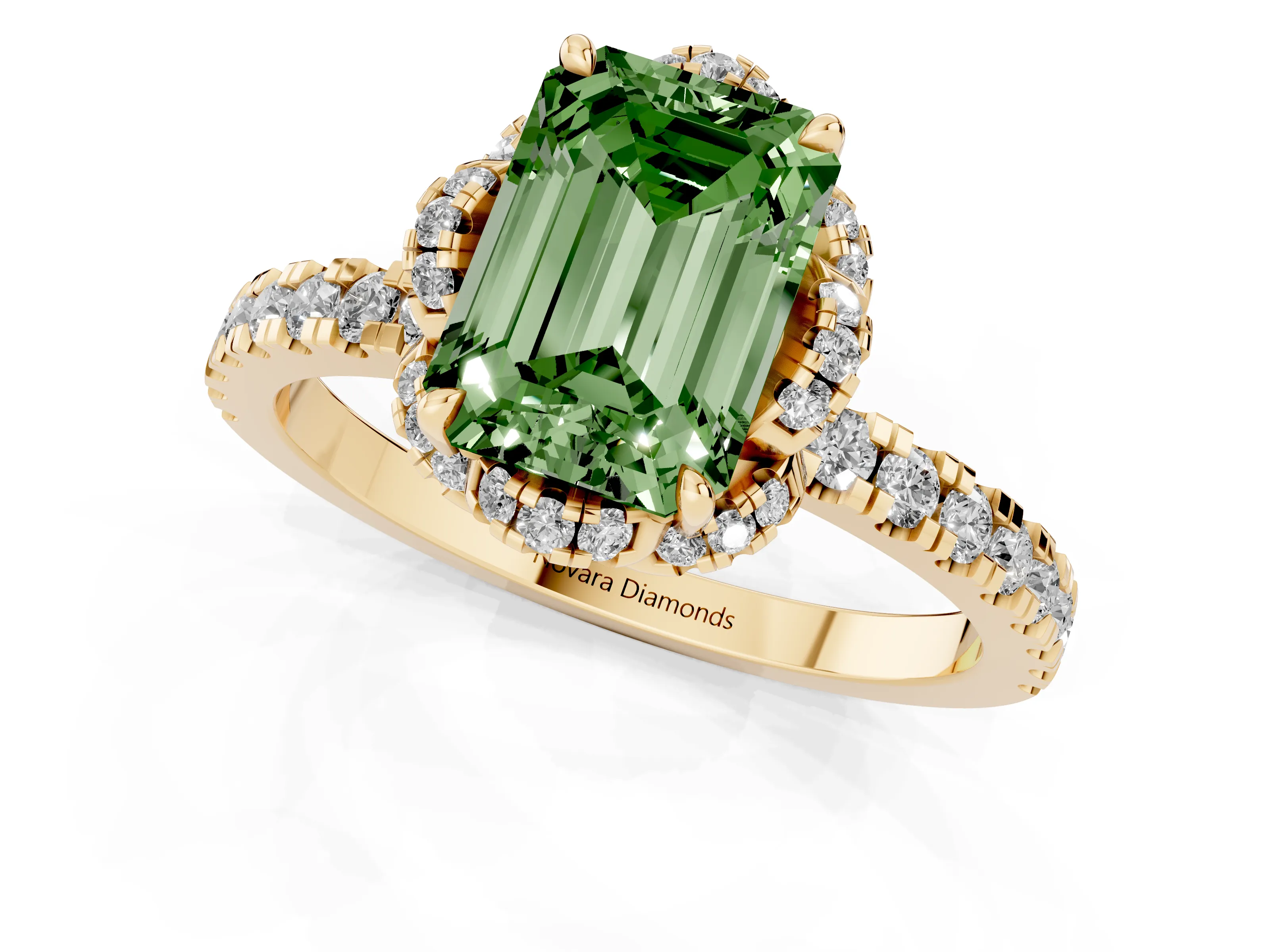 Fancy Green Emerald Cut Diamond Halo Pavé Band Ring Set in Yellow gold with Prong-Held Center