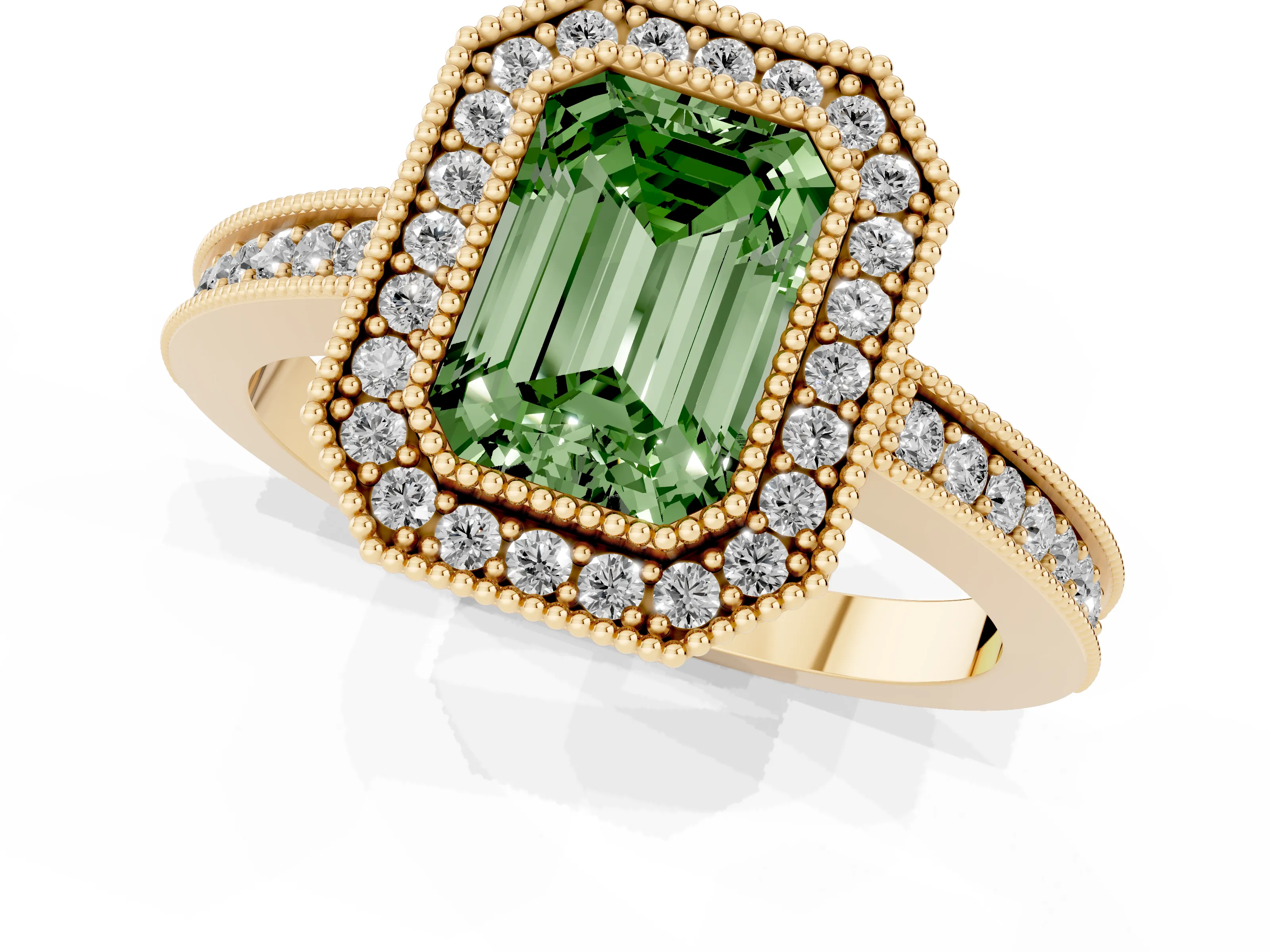 Fancy Green Emerald Cut Diamond Round Halo Ring Set in Yellow gold with Pavé Band