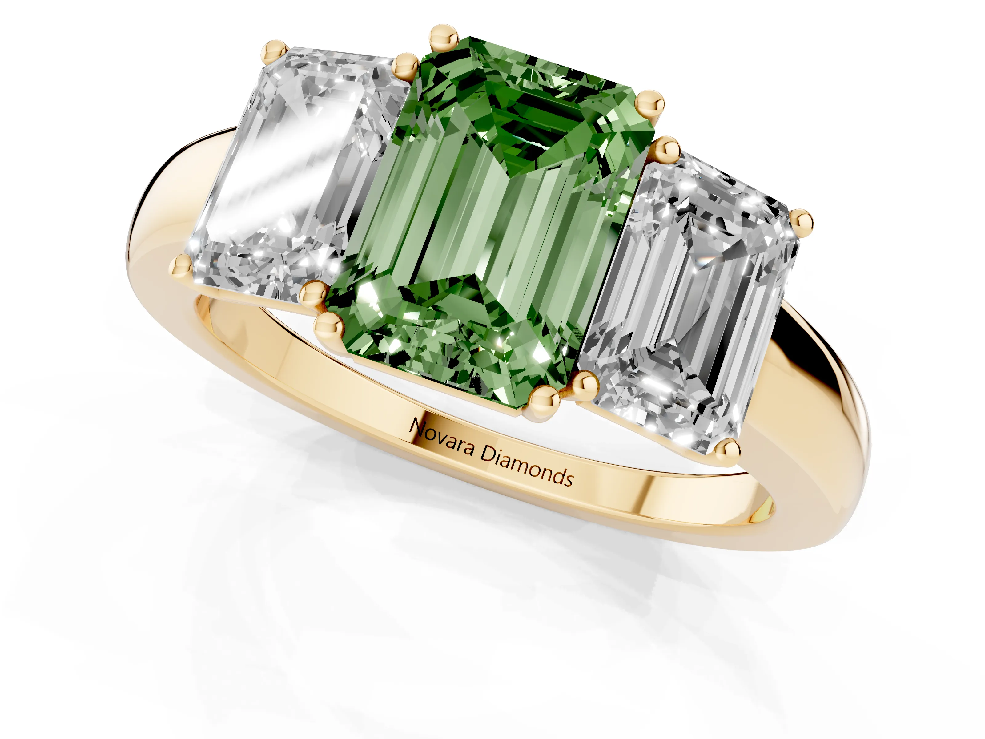 Fancy Green Emerald Cut Diamond Three-Stone Ring Set in Yellow gold with Bold Center and Classic Band