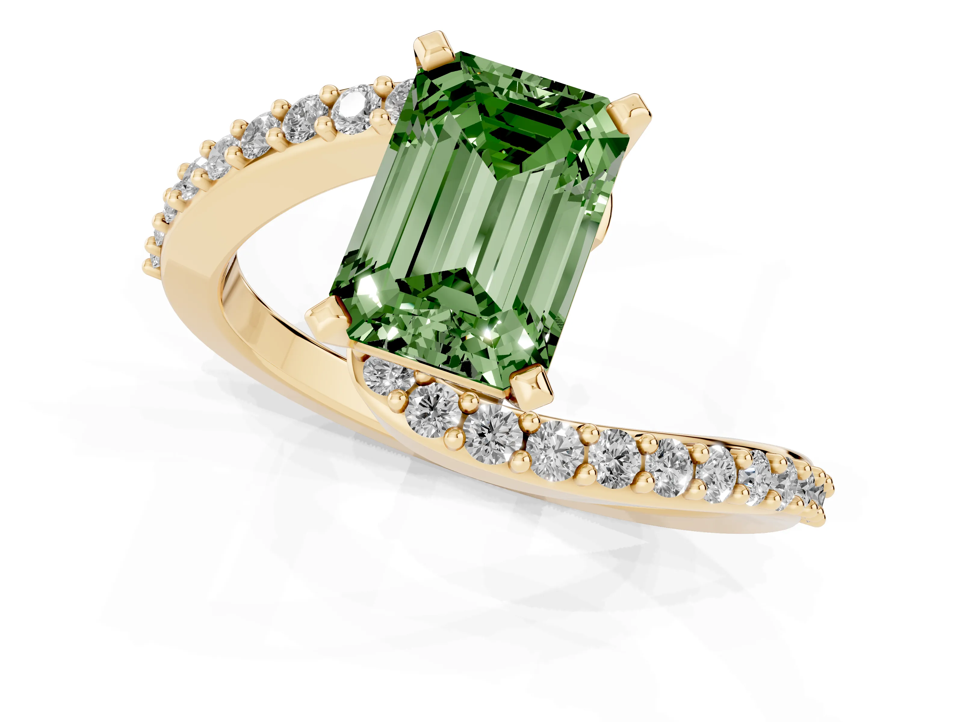 Fancy Green Emerald Cut Diamond Solitaire Ring Set in Yellow gold with Pavé Twist Band and Prong Setting