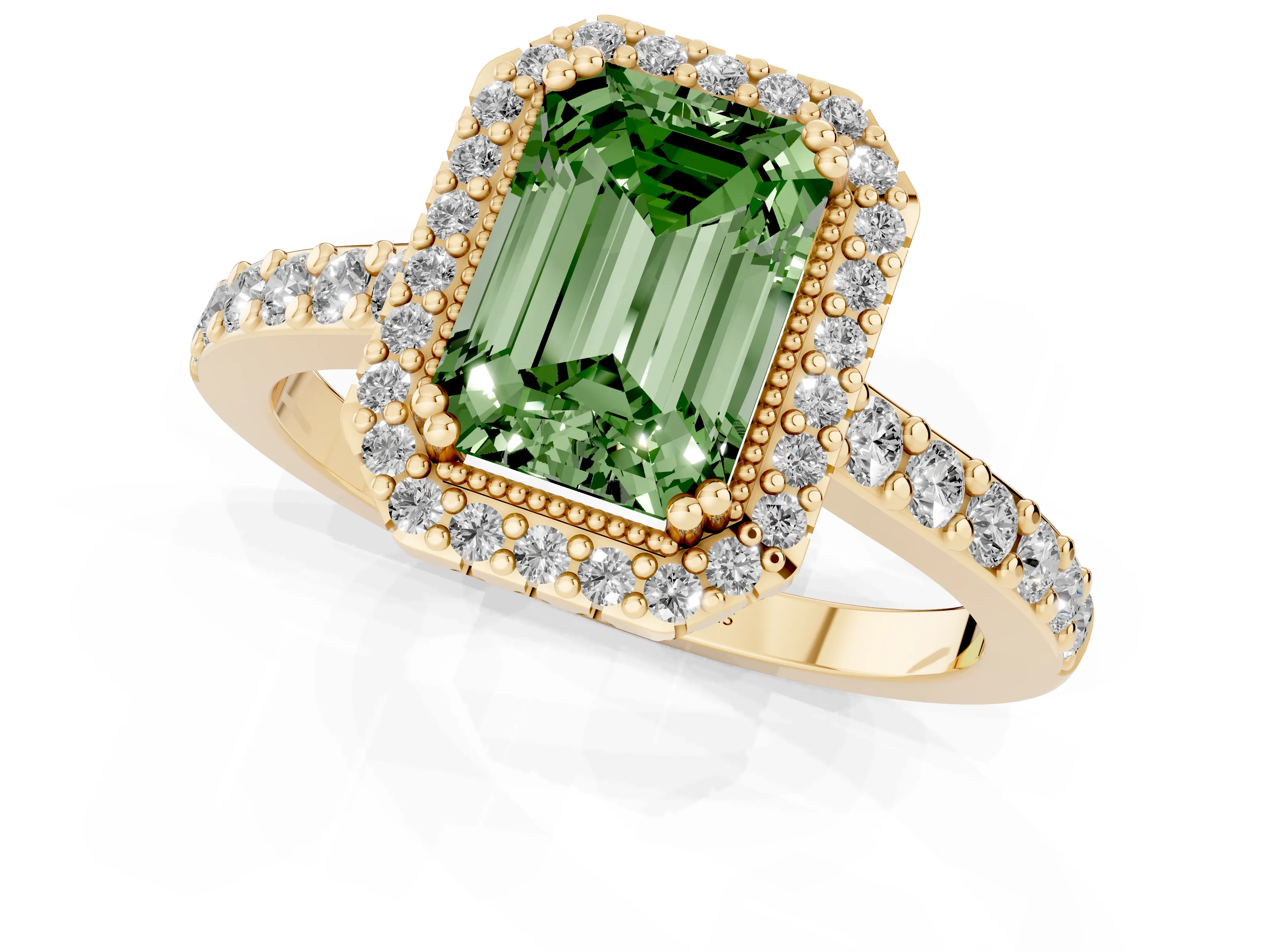 Fancy Green Emerald Cut Diamond Halo Engagement Ring Set in Yellow gold with Milgrain Detail and Pavé Band