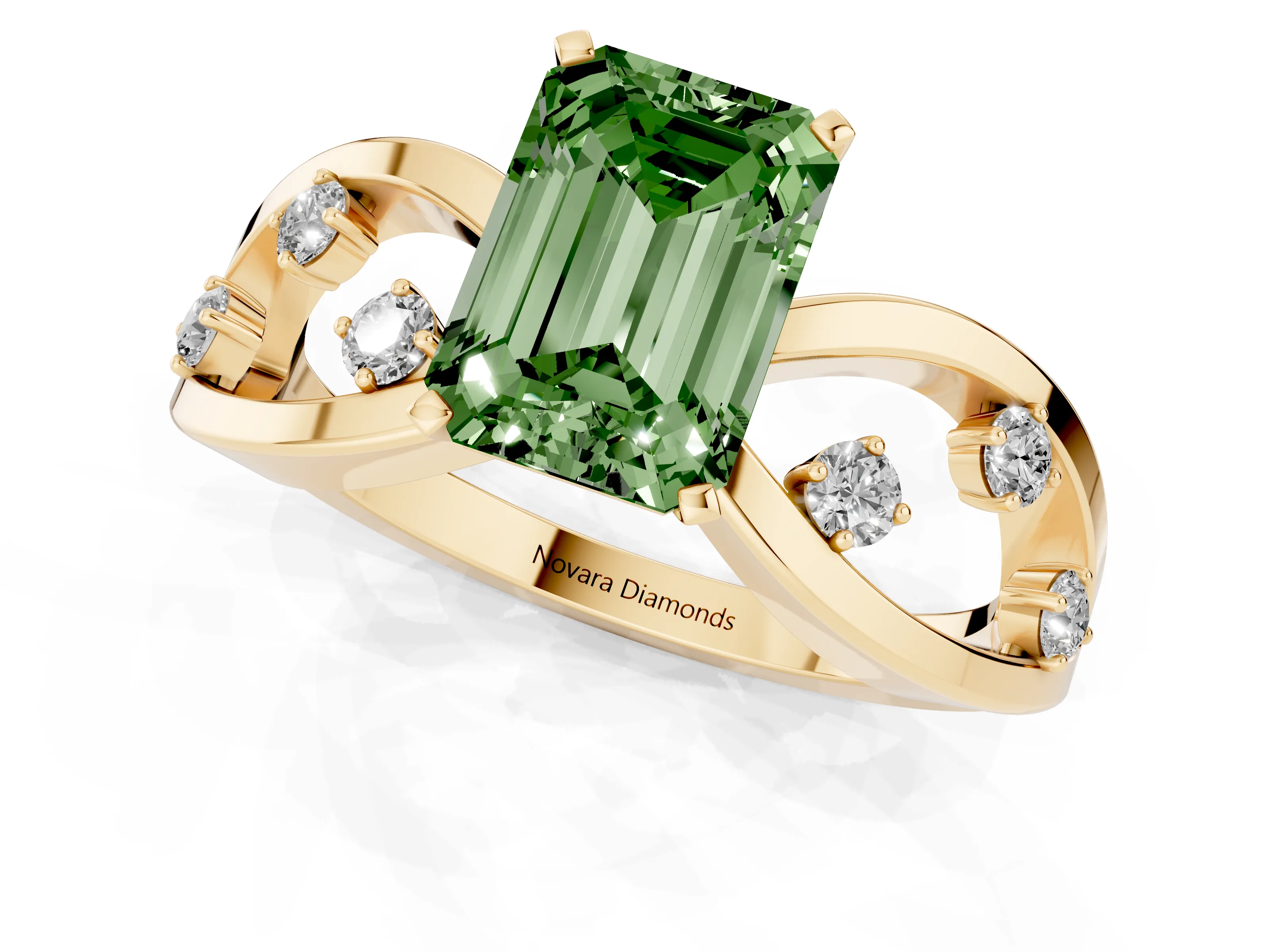 Fancy Green Emerald Cut Diamond Solitaire Ring Set in Yellow gold with Side Stones on Criss-Cross Band and Prong Setting