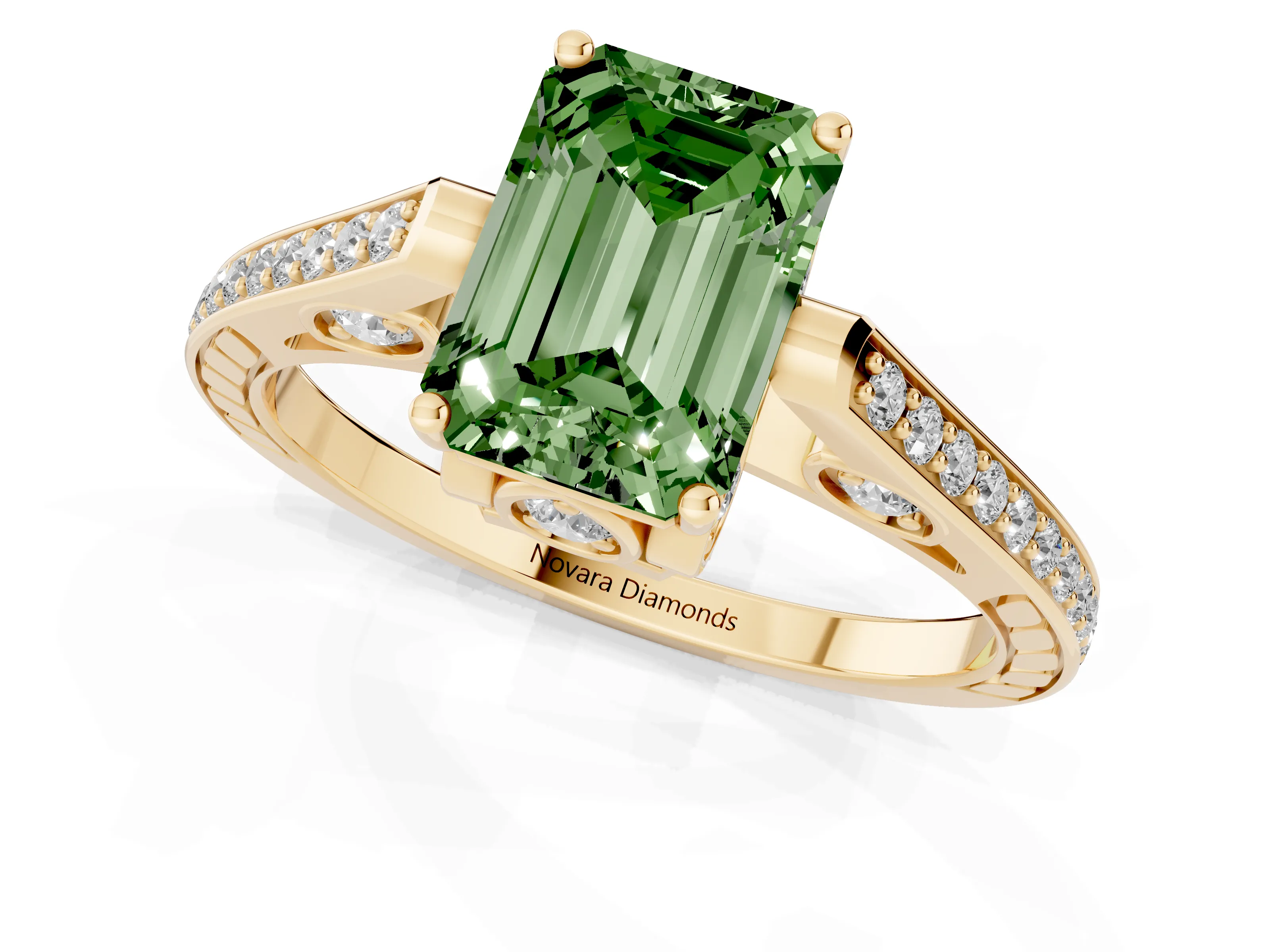 Fancy Green Emerald Cut Diamond Cathedral Pavé Engagement Ring Set in Yellow gold with Prong Setting