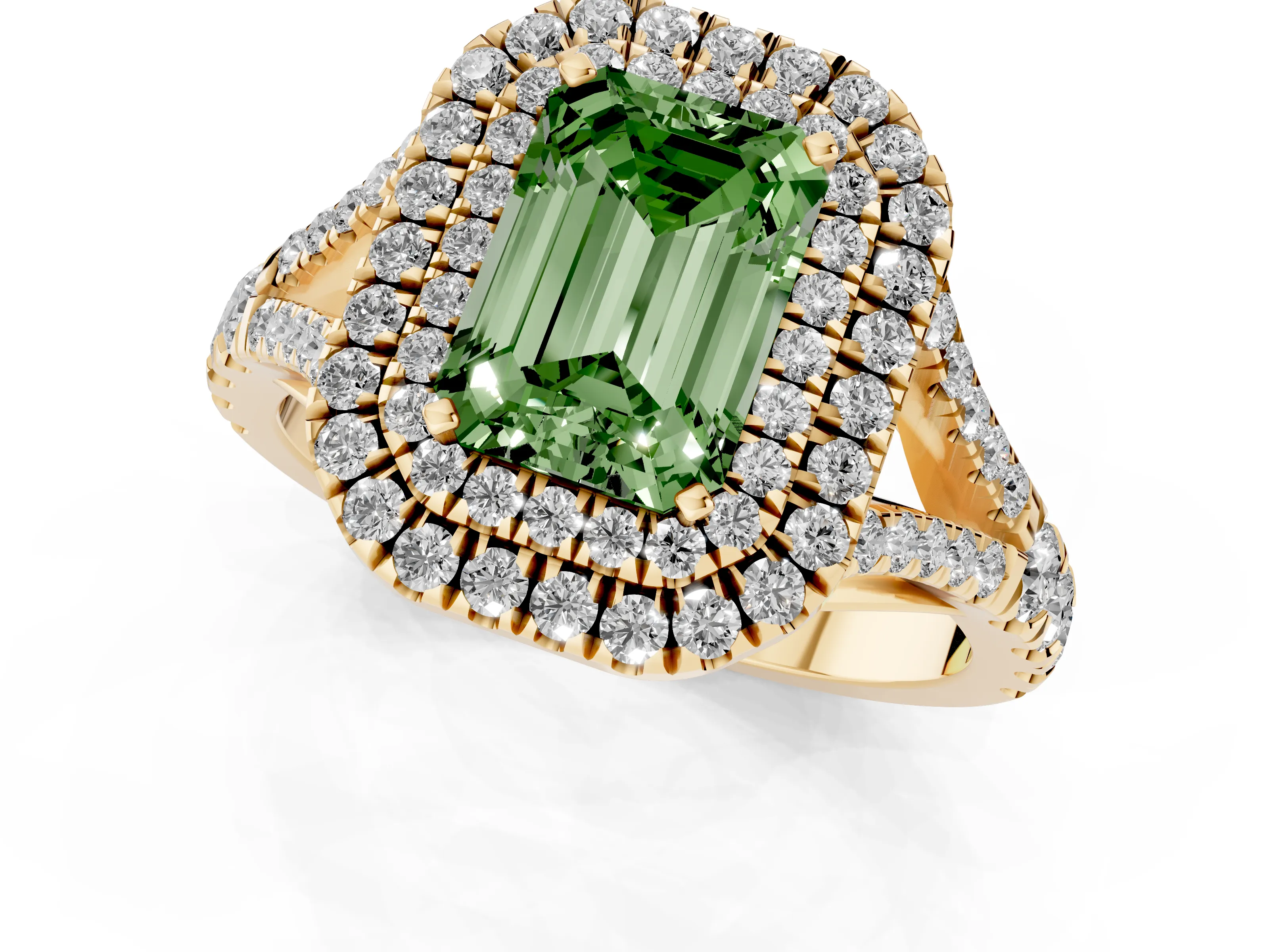 Fancy Green Emerald Cut Diamond Pavé Split Shank Double Halo Engagement Ring Set in Yellow gold