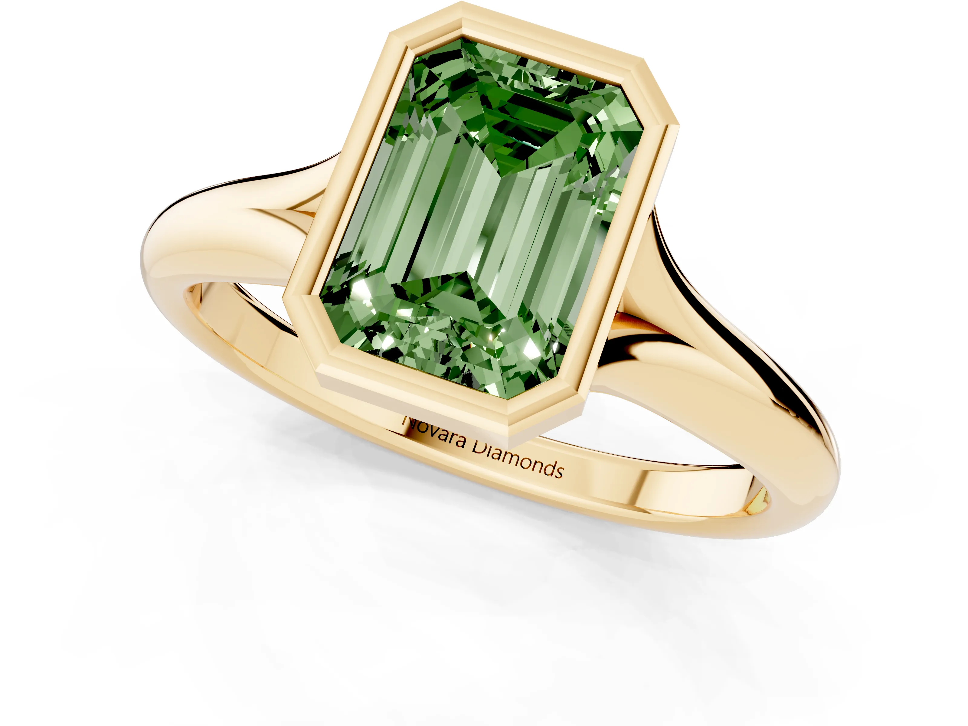 Fancy Green Bezel Set Emerald Cut Diamond Solitaire Ring Set in Yellow gold with Smooth Band