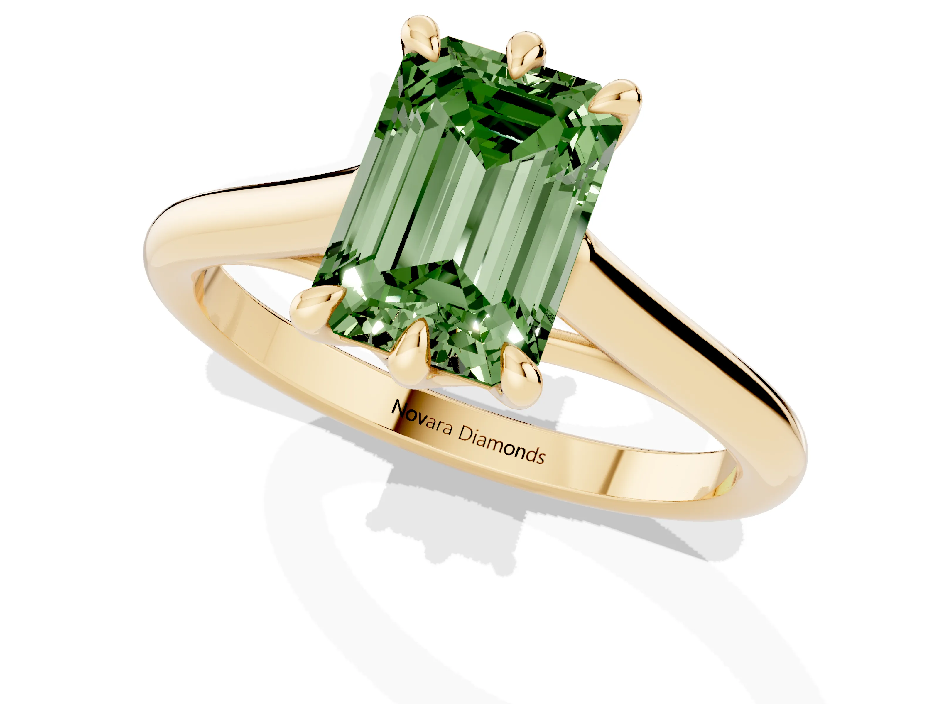 Fancy Green Emerald Cut Diamond Solitaire Engagement Ring Set in Yellow gold with Prong Setting and Plain Classic Band