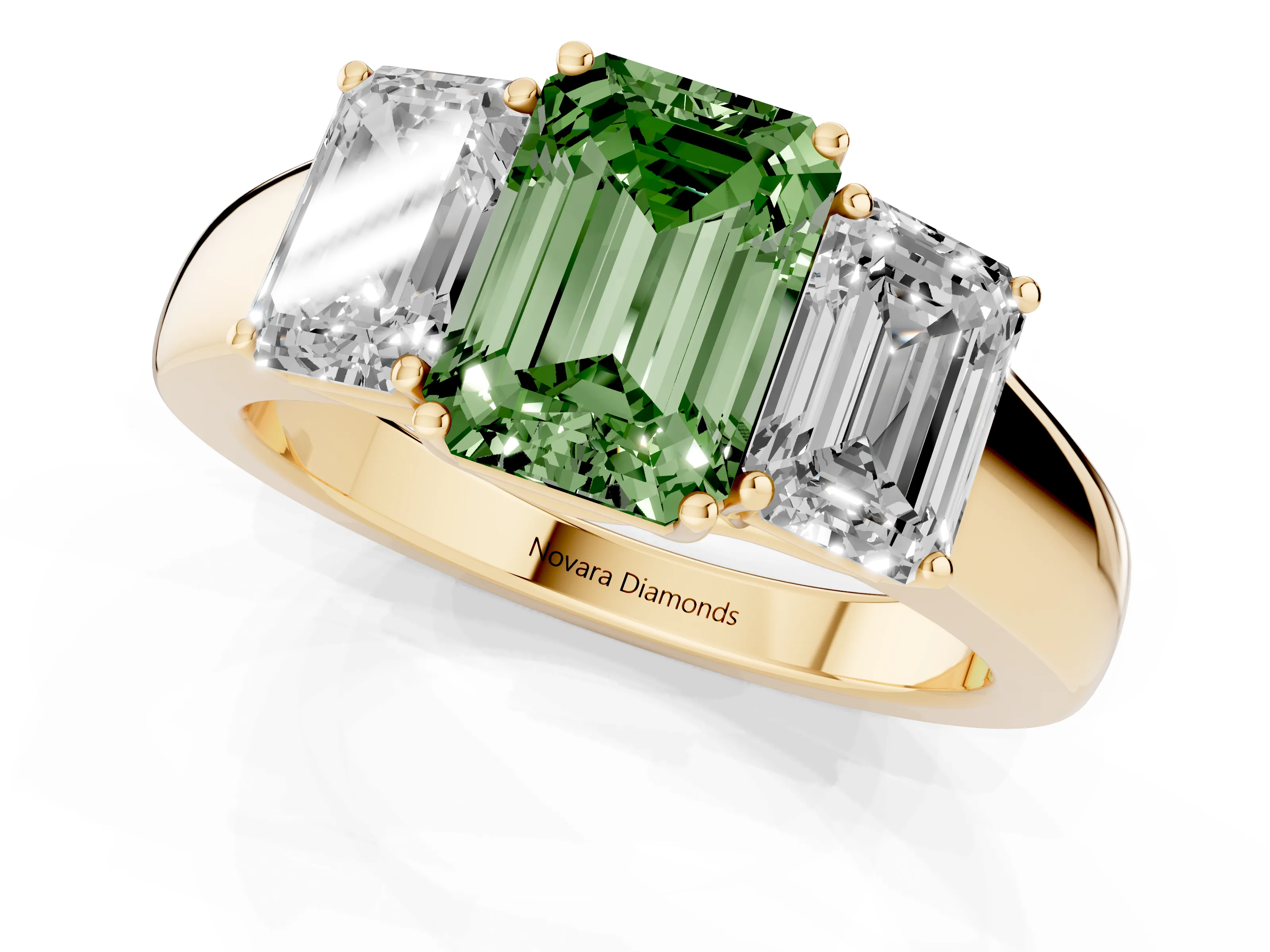 Fancy Green Three-Stone Emerald Cut Diamond Ring Set in Yellow gold with Matching Prong Settings and Plain Band