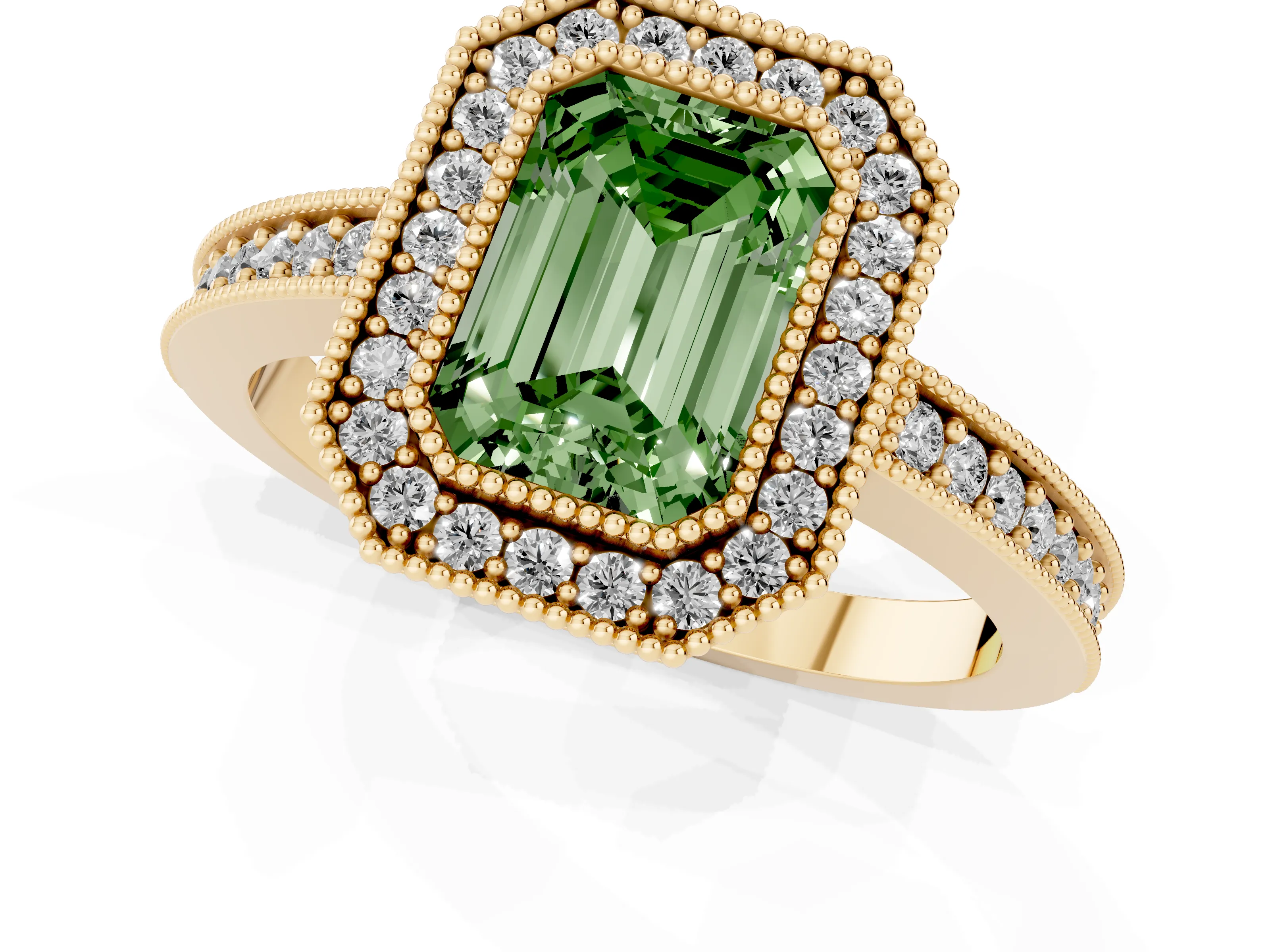 Fancy Green Emerald Cut Diamond Halo Engagement Ring Set in Yellow gold with Pavé Band and Round Halo Stones