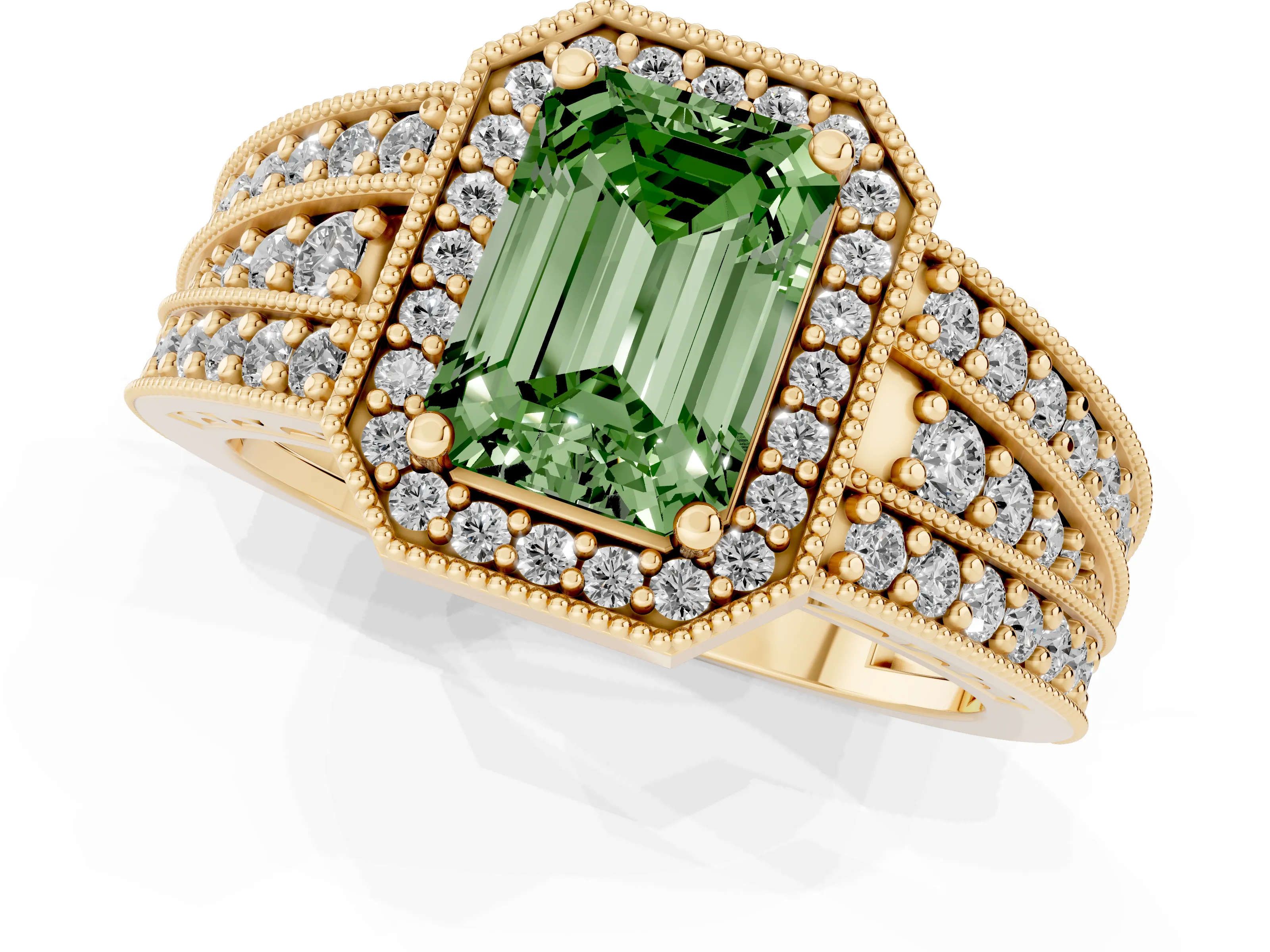 Fancy Green Emerald Cut Diamond Halo Ring Set in Yellow gold with Accent Split Shank and Prong Setting