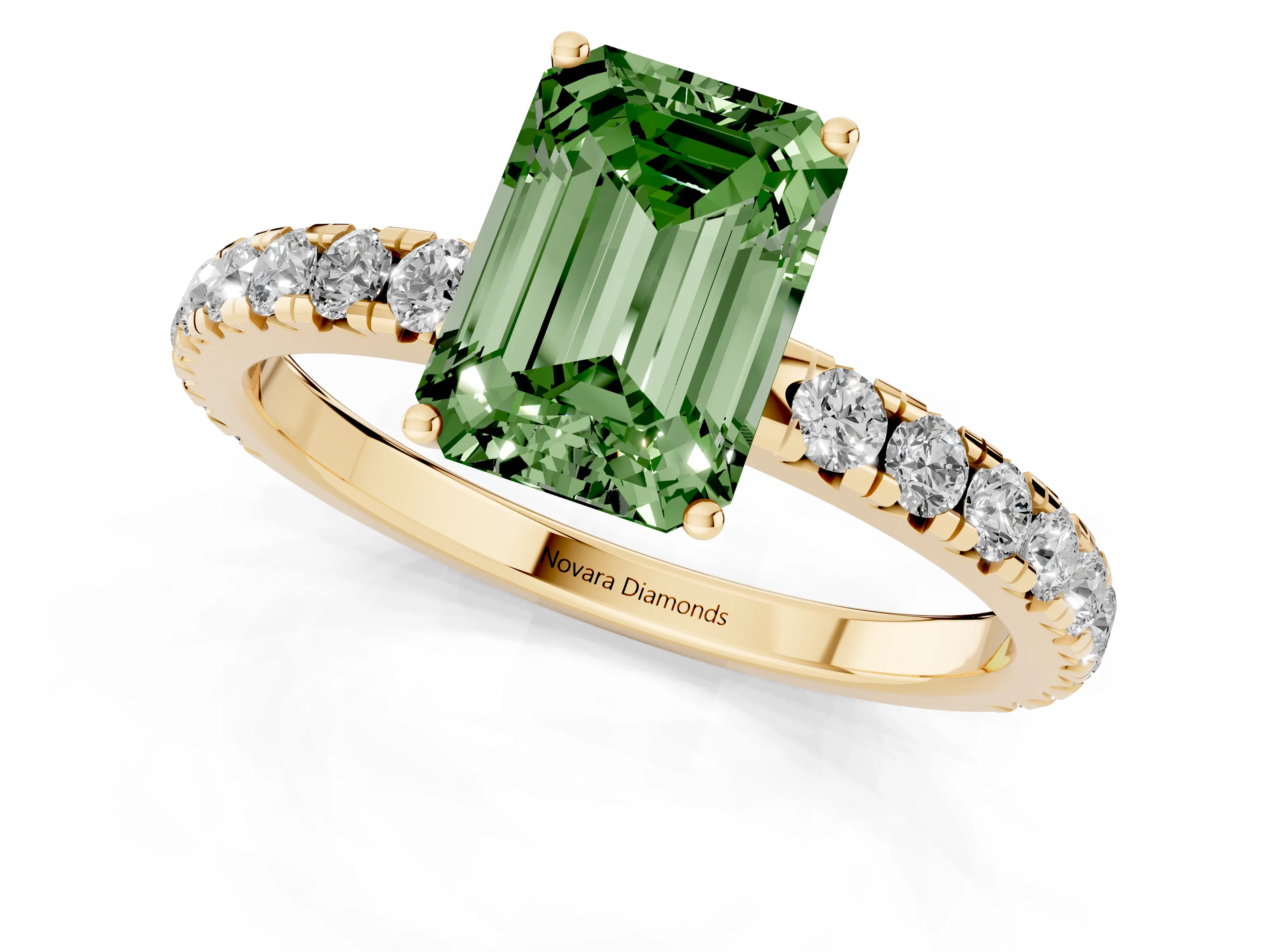 Fancy Green Emerald Cut Diamond Pavé Solitaire Engagement Ring Set in Yellow gold with Prong Setting