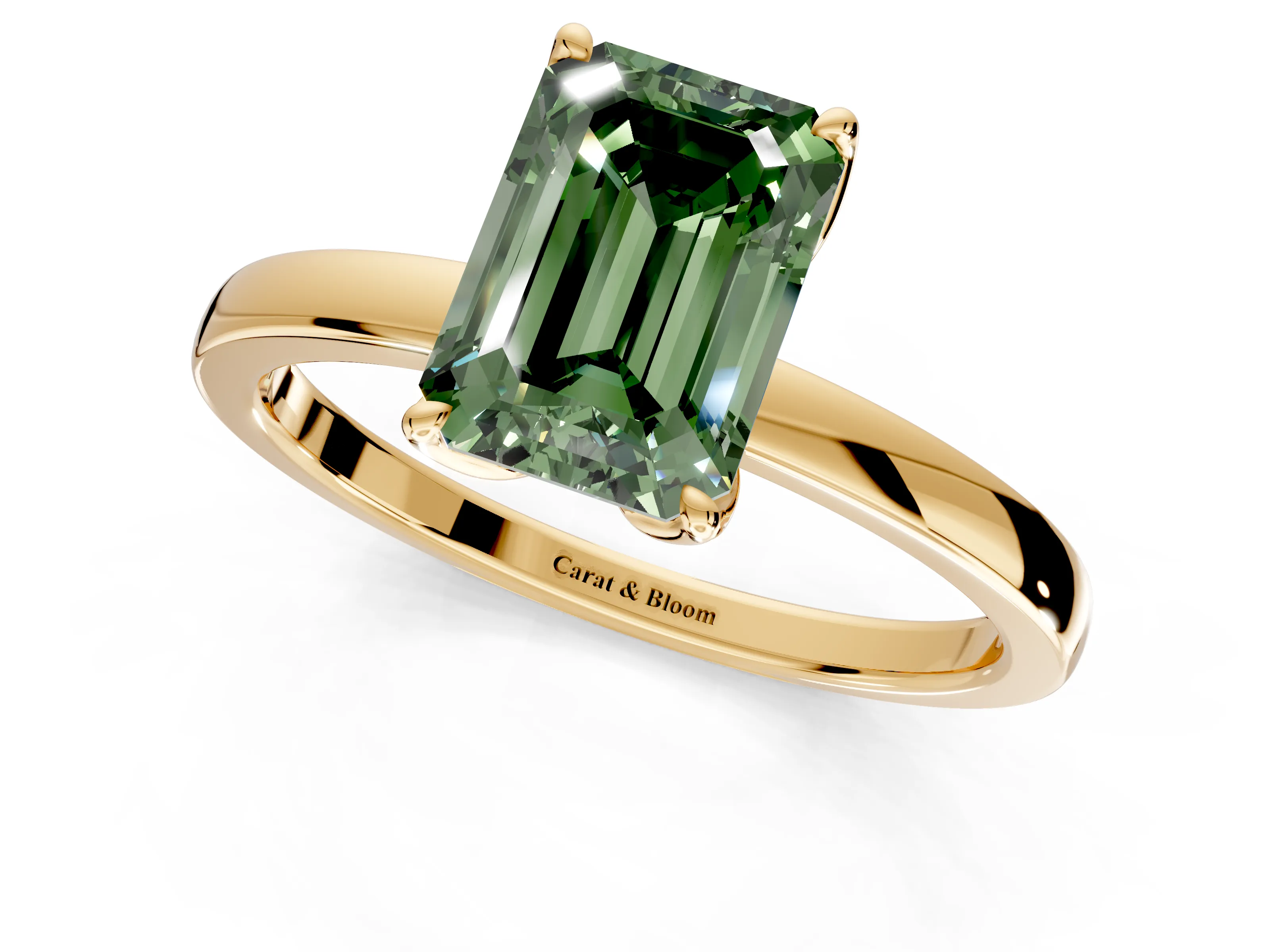 Solitaire Engagement Ring Setting for Fancy Green Emerald Cut Center with Thin Rounded Plain Band and Prong Head in Yellow Gold