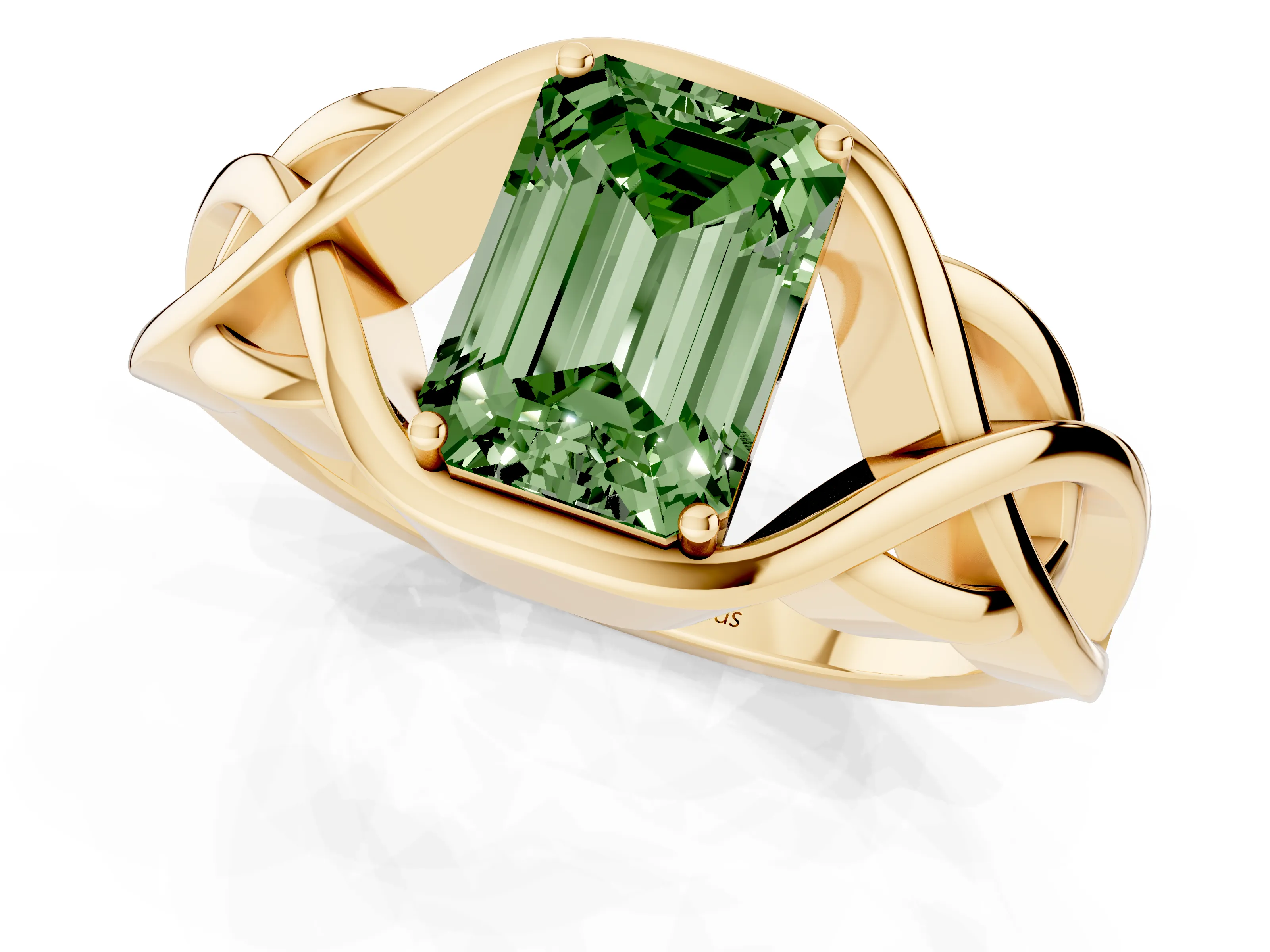 Fancy Green Emerald Cut Diamond Solitaire Ring Set in Yellow gold with Intertwined Band