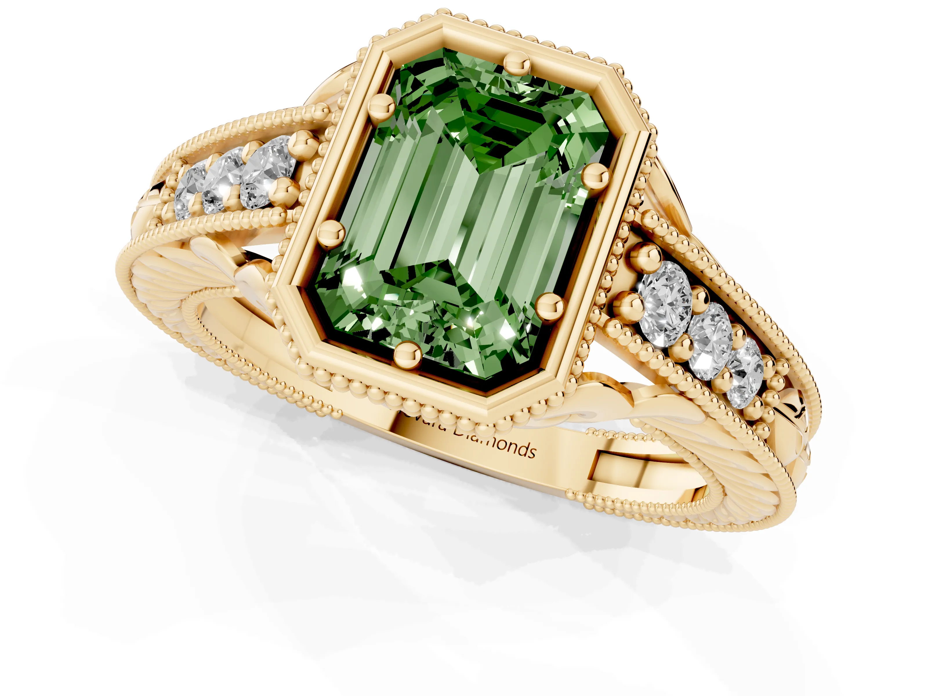 Fancy Green Bezel Set Emerald Cut Diamond Milgrain Pavé Engagement Ring Set in Yellow gold