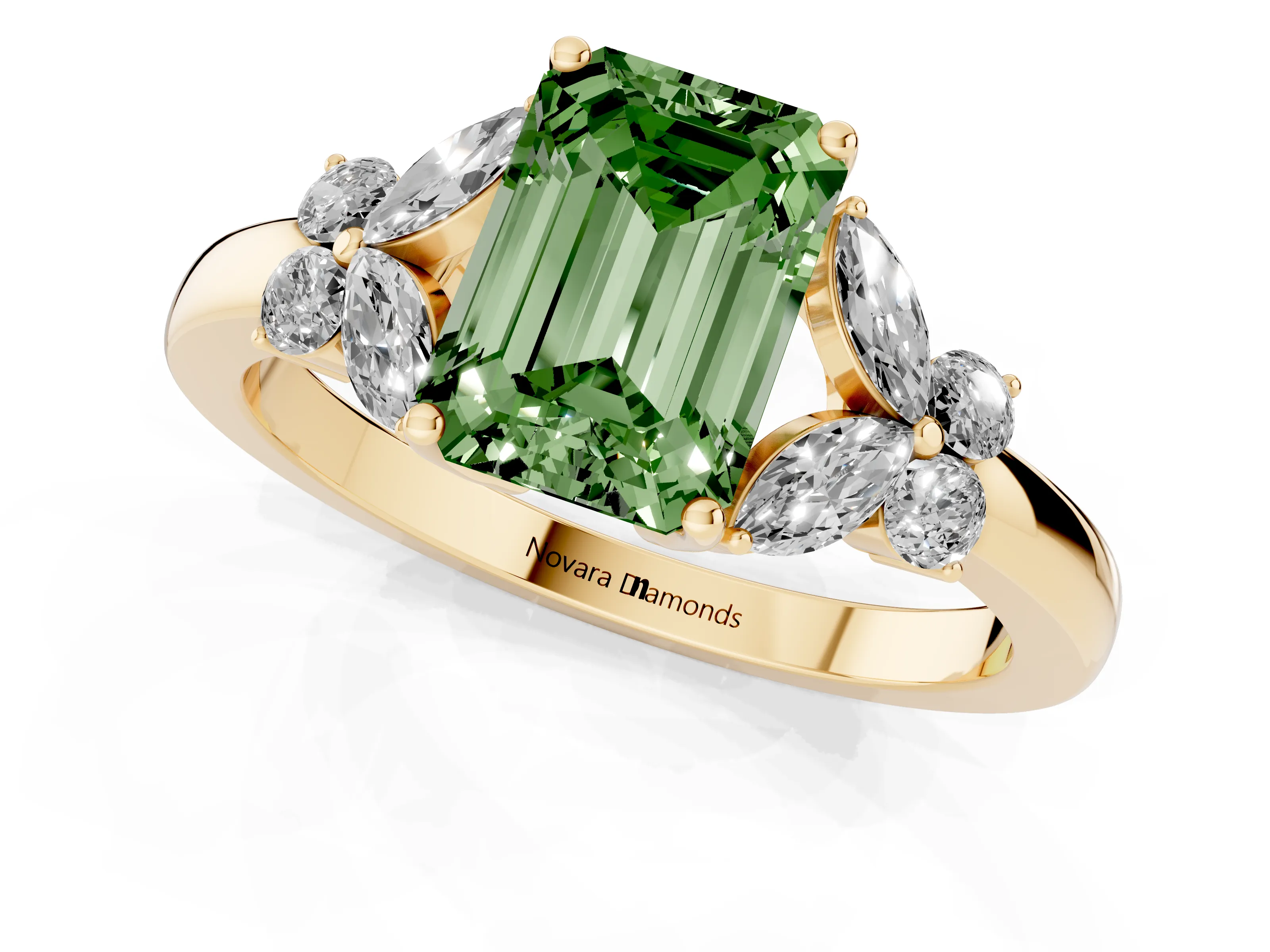 Fancy Green Emerald Cut Diamond Solitaire Floral Ring Set in Yellow gold with Marquise Petals and Prong Setting
