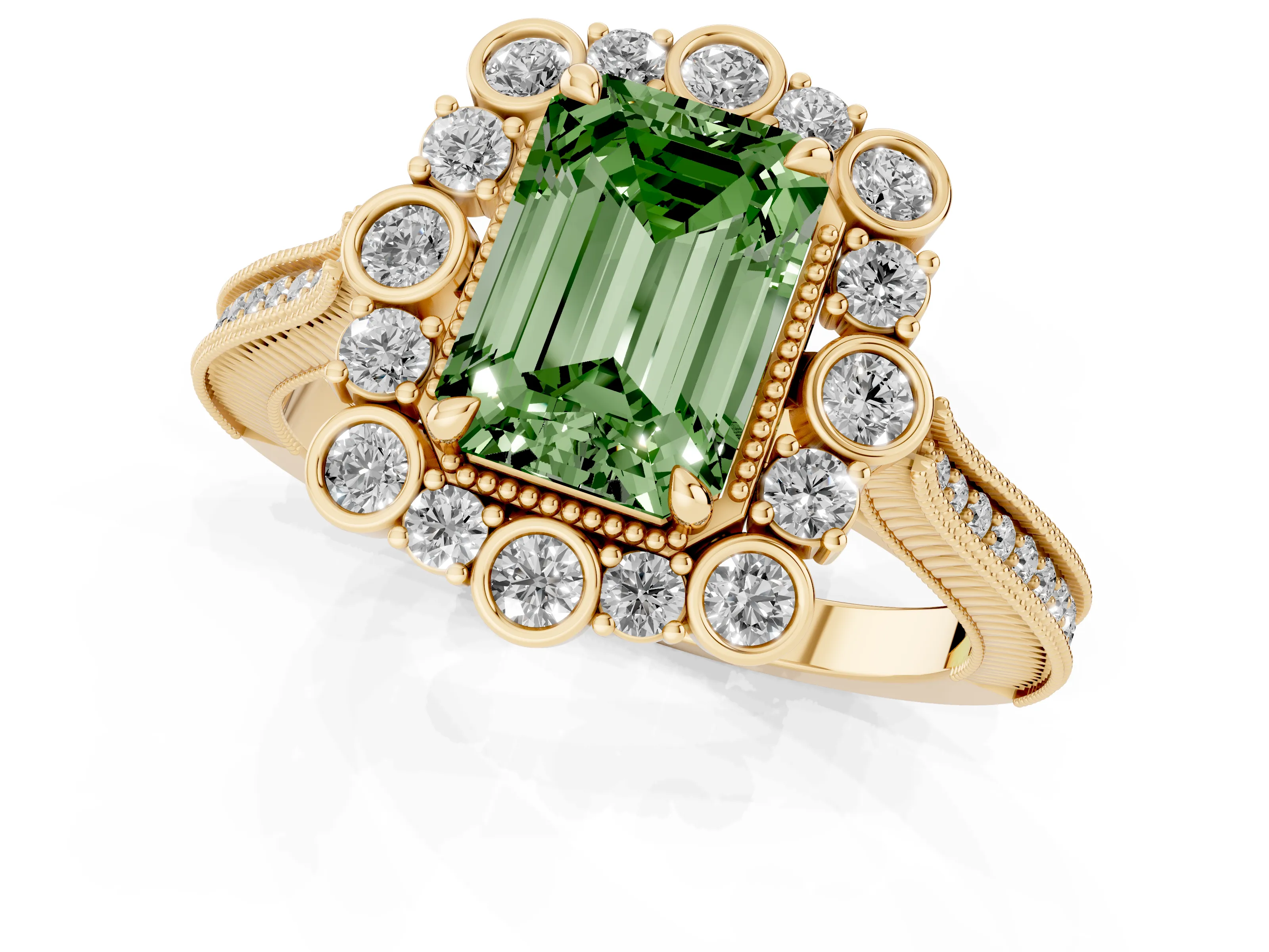 Fancy Green Emerald Cut Diamond Halo Milgrain Pavé Ring Set in Yellow gold with Prong Setting