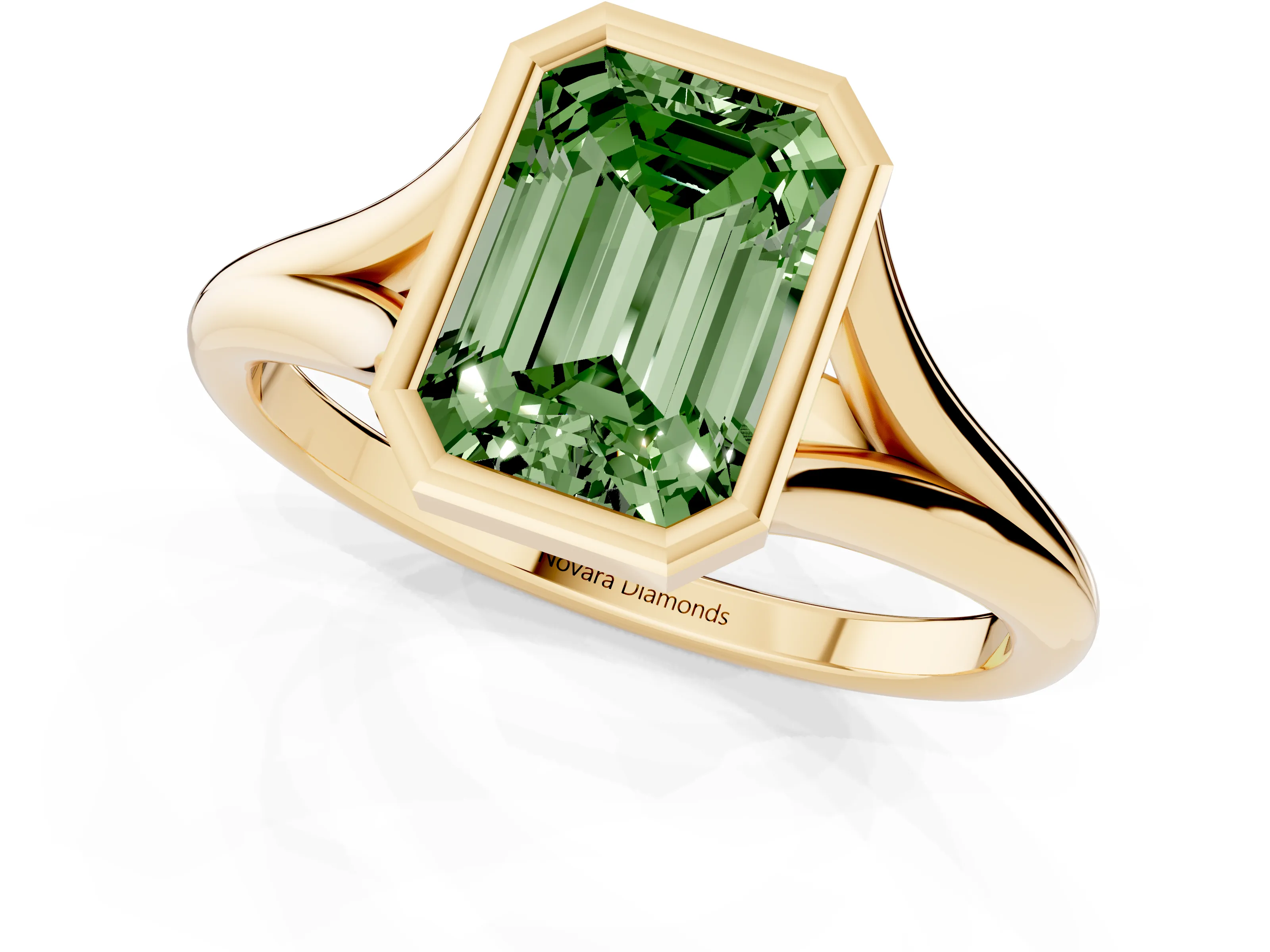 Fancy Green Bezel Set Emerald Cut Diamond Solitaire Ring Set in Yellow gold with Tapered Band