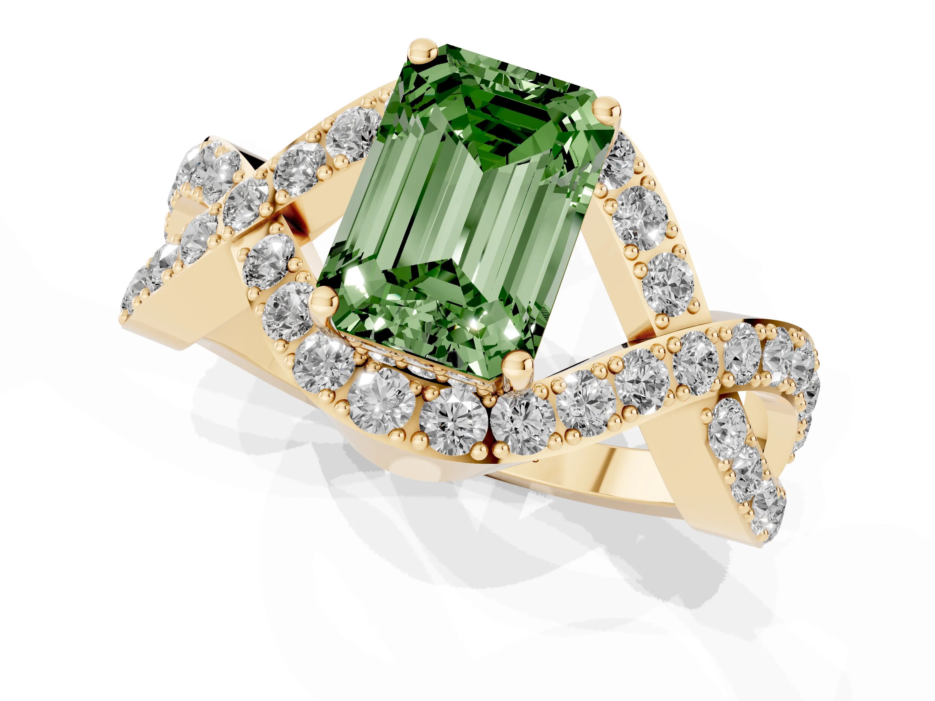 Fancy Green Emerald Cut Diamond Solitaire Twist Band Pavé Engagement Ring Set in Yellow gold