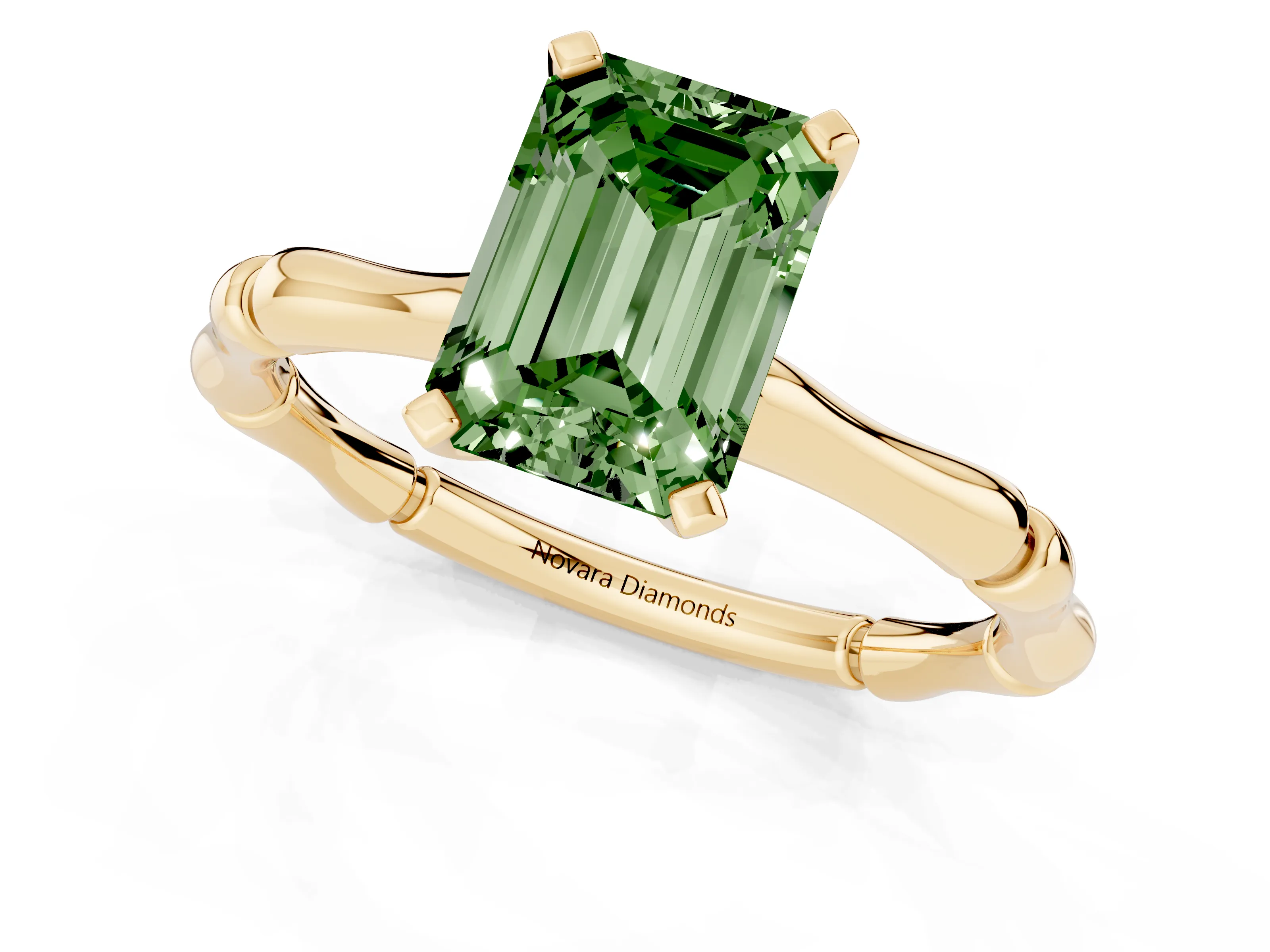 Fancy Green Emerald Cut Diamond Solitaire Ring Set in Yellow gold with Bamboo Band and Prong Setting