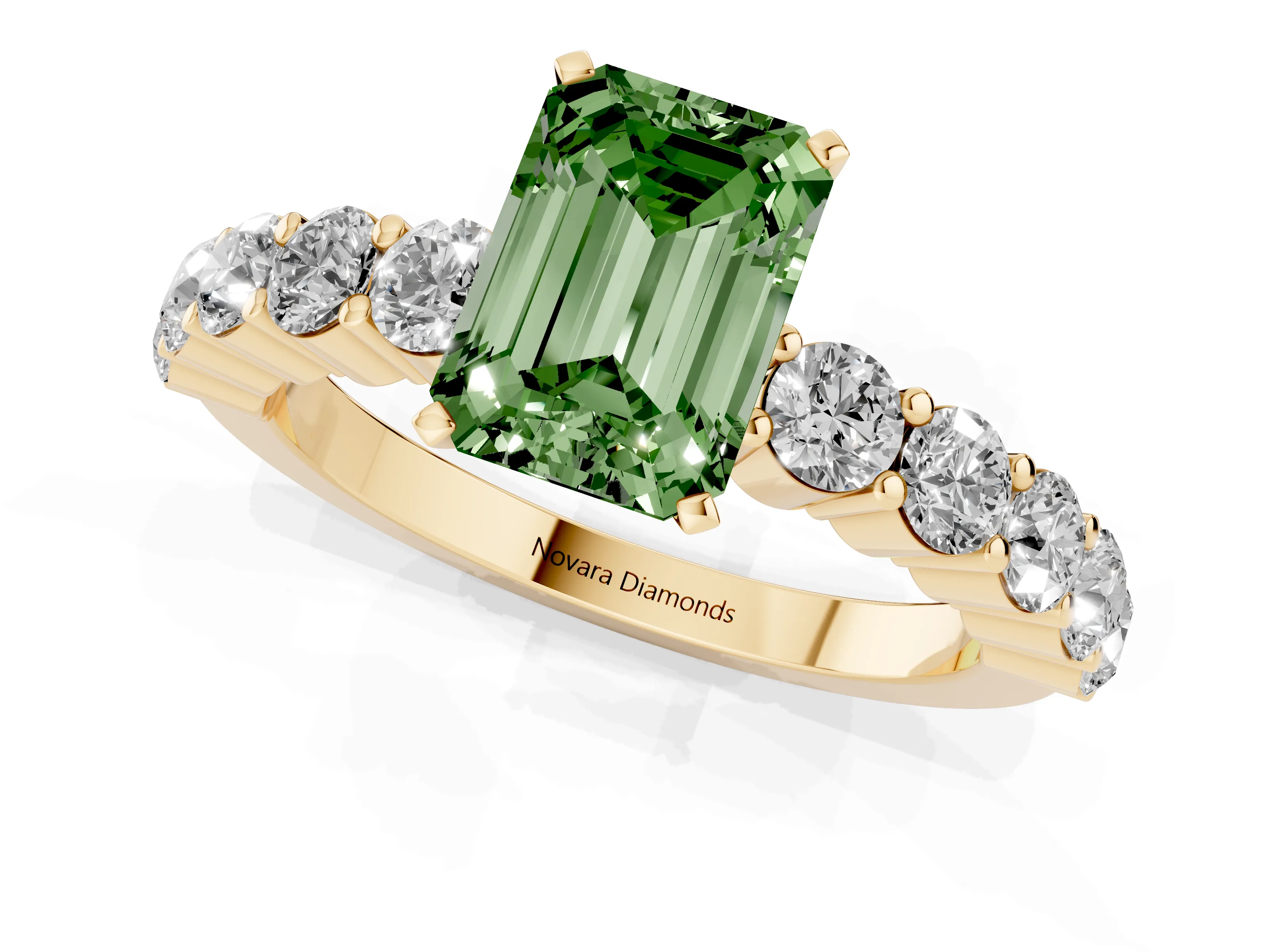 Fancy Green Emerald Cut Diamond Solitaire Ring Set in Yellow gold with Shared Prong Round Side Stones