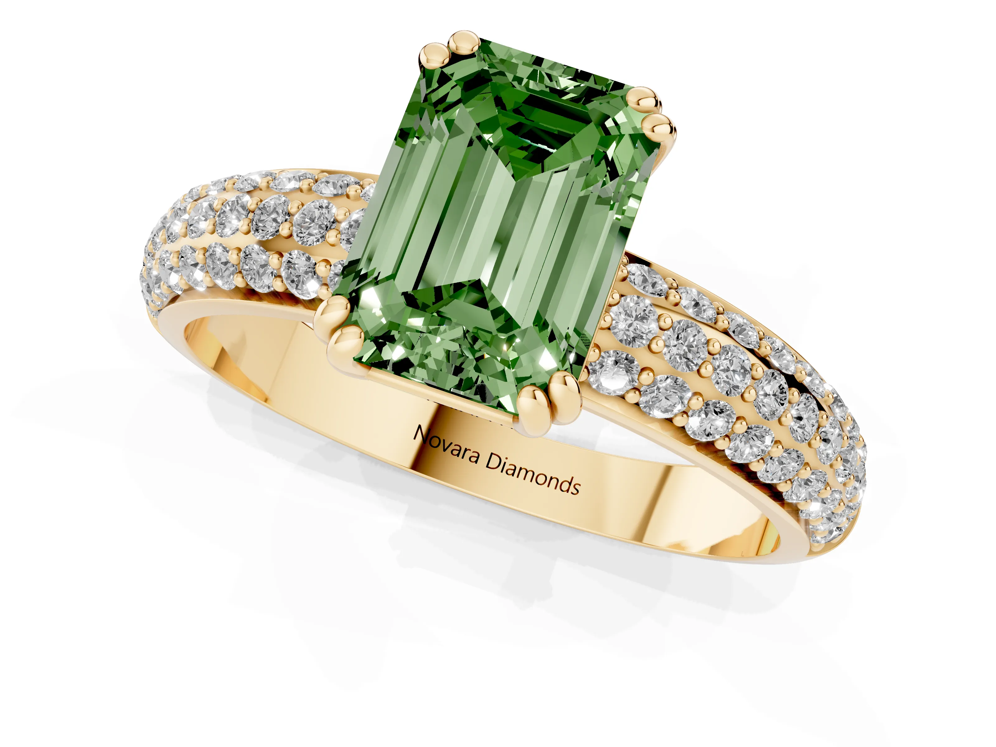 Fancy Green Emerald Cut Diamond Solitaire Ring Set in Yellow gold with Multi-Row Round Pavé Band and Prong Setting