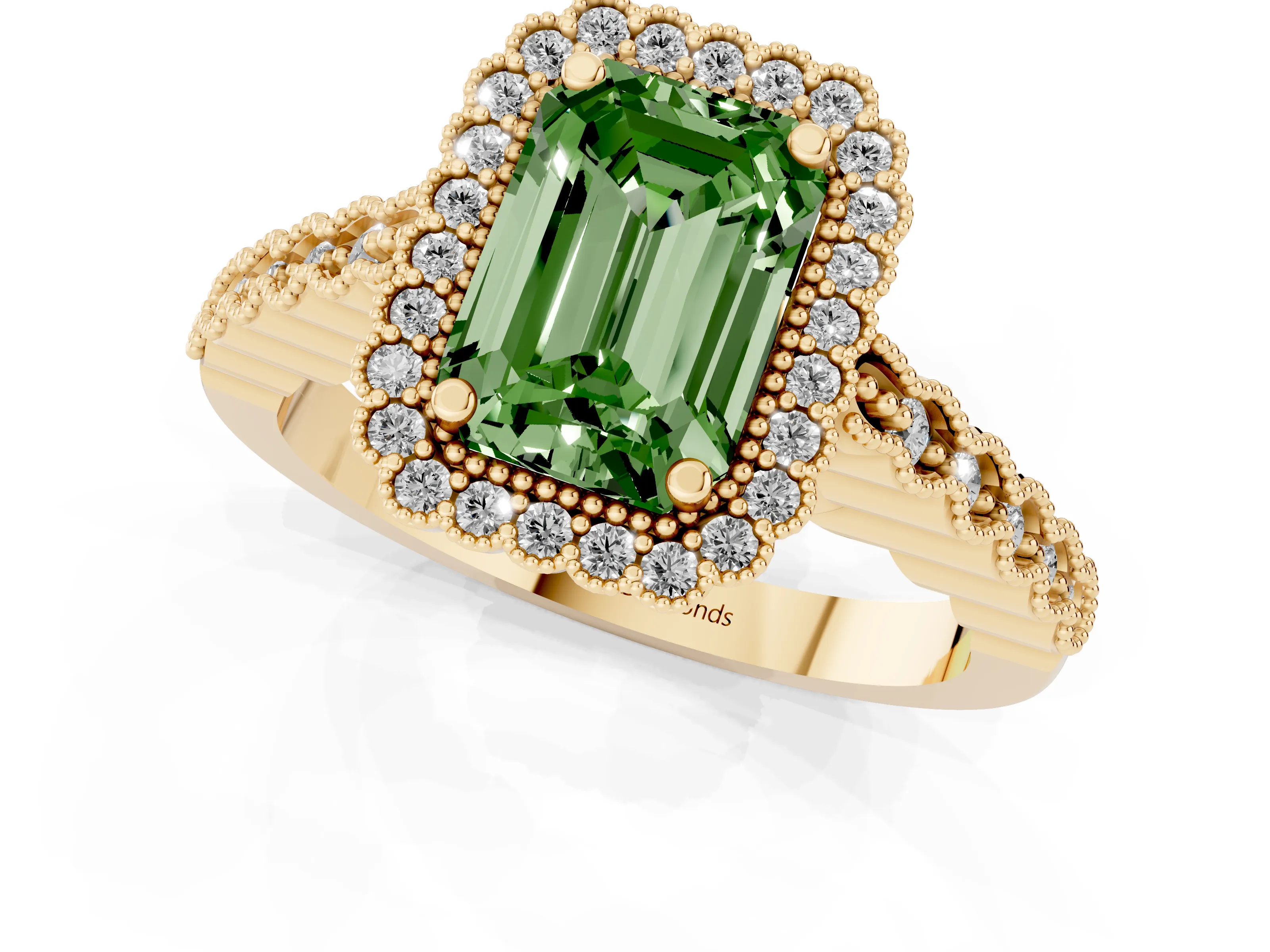 Fancy Green Emerald Cut Diamond Halo Ring Set in Yellow gold with Pavé Milgrain Band