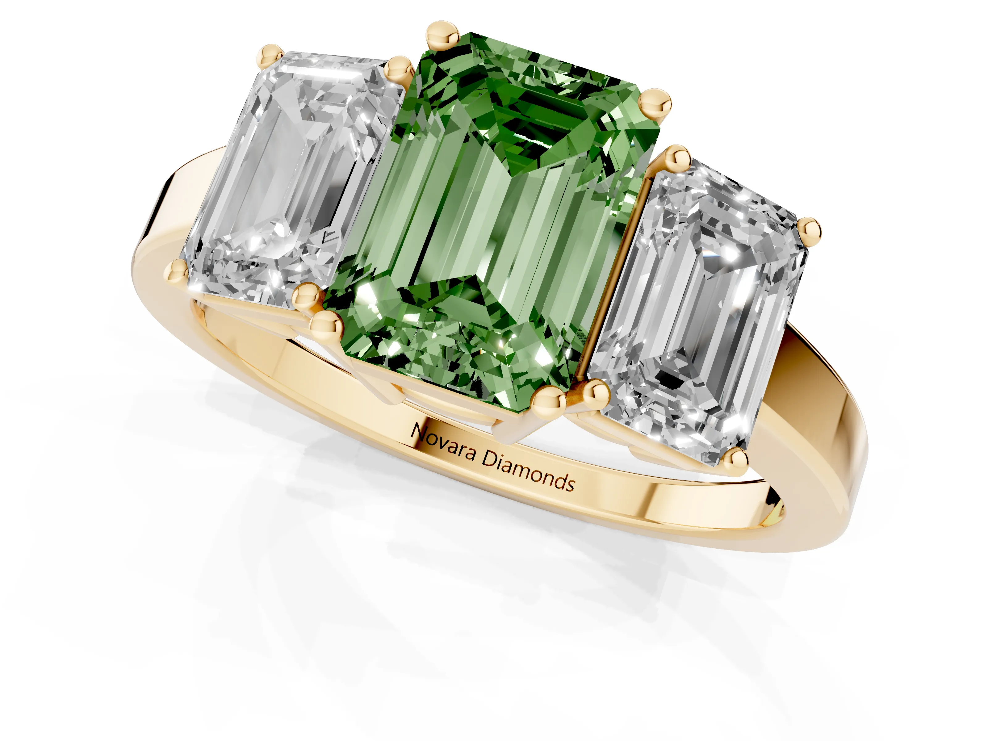 Fancy Green Emerald Cut Diamond Three-Stone Engagement Ring Set in Yellow gold with Flat Band