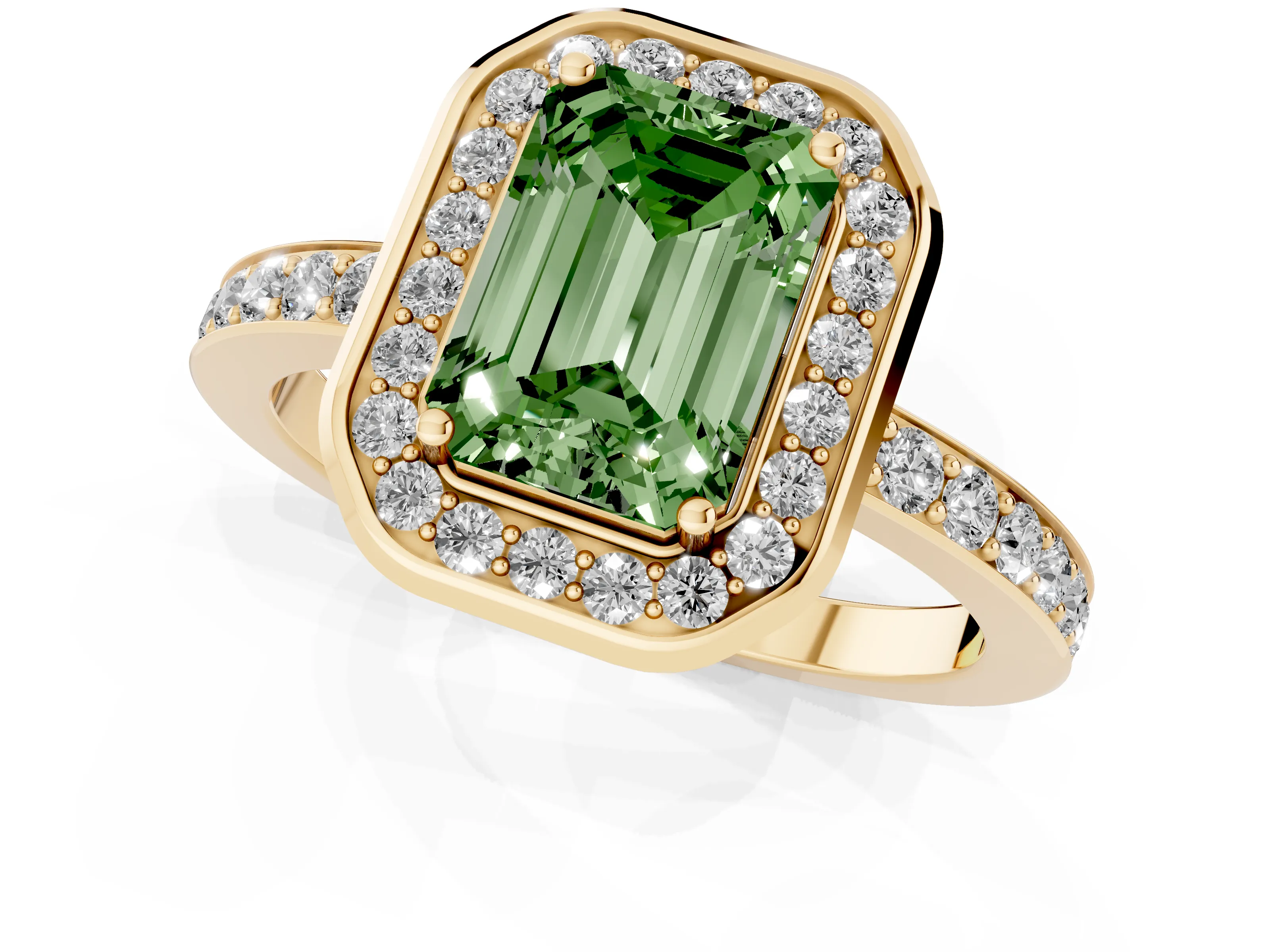 Fancy Green Emerald Cut Diamond Halo Ring Set in Yellow gold with Bezel Frame and Pavé Band