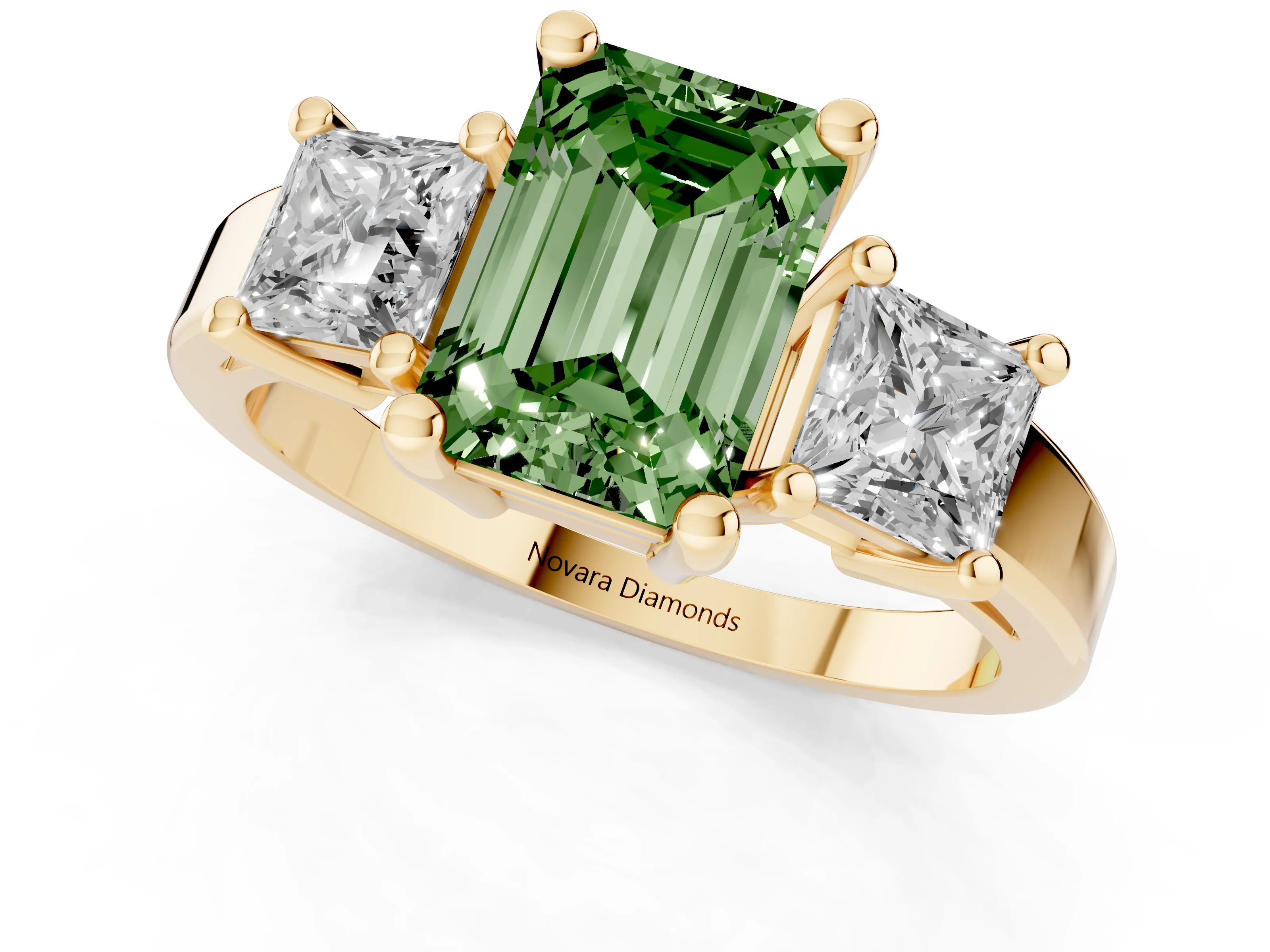 Fancy Green Three-Stone Emerald Cut Diamond Solitaire Ring Set in Yellow gold with Prong Setting