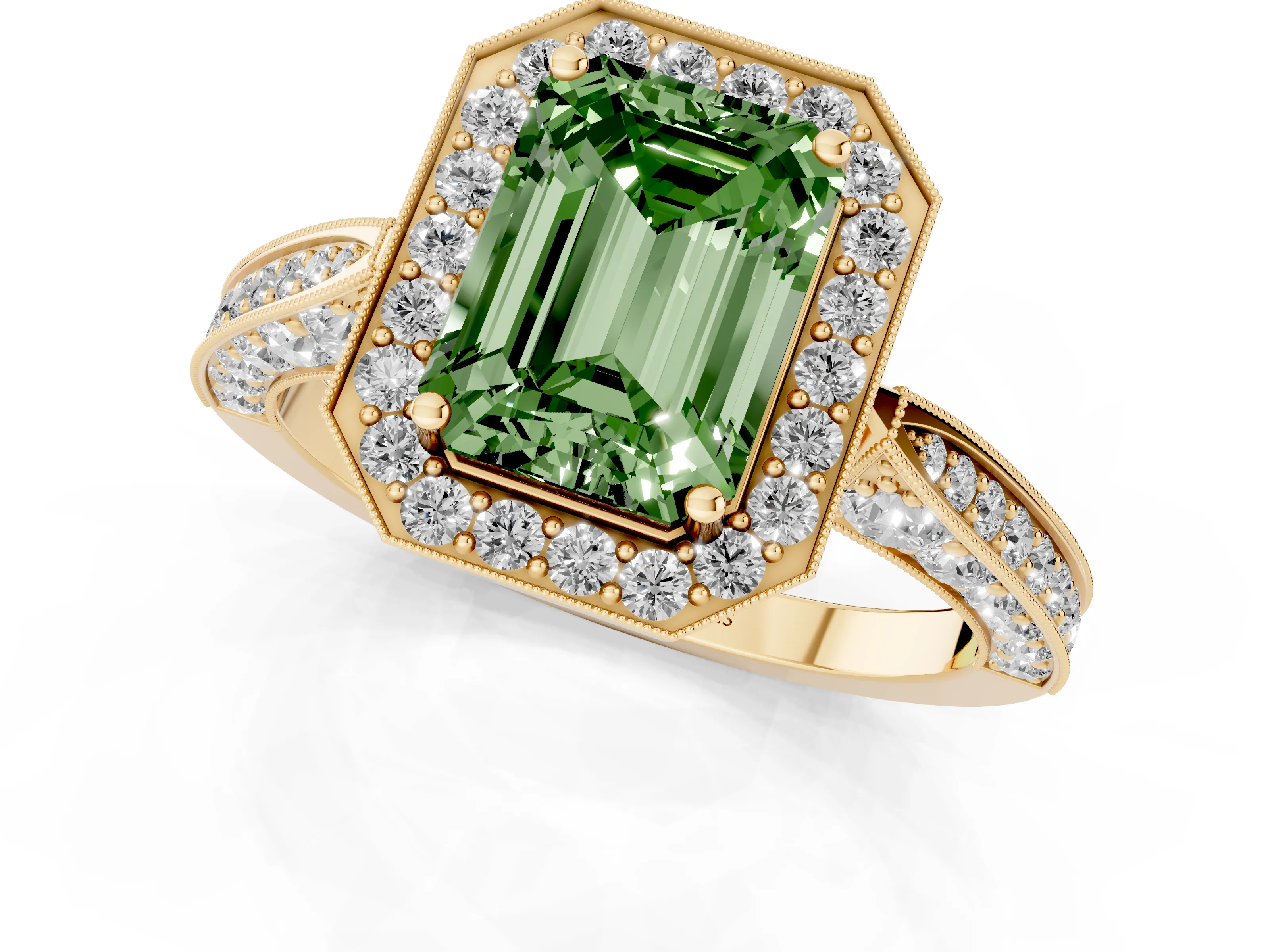 Fancy Green Emerald Cut Diamond Halo Engagement Ring Set in Yellow gold with Accent Split Shank Band
