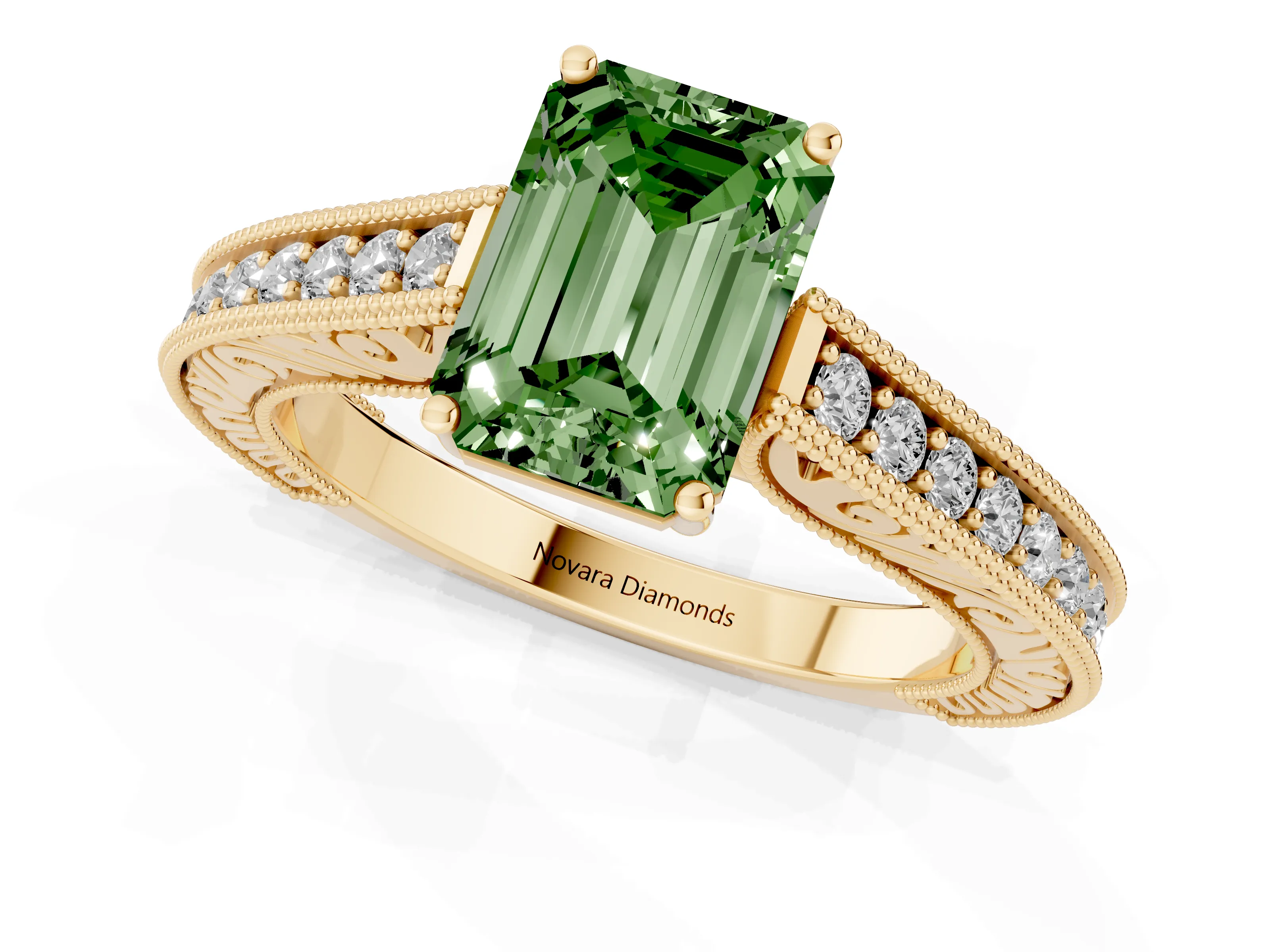 Fancy Green Emerald Cut Diamond Milgrain Pavé Band Solitaire Ring Set in Yellow gold with Prong Setting