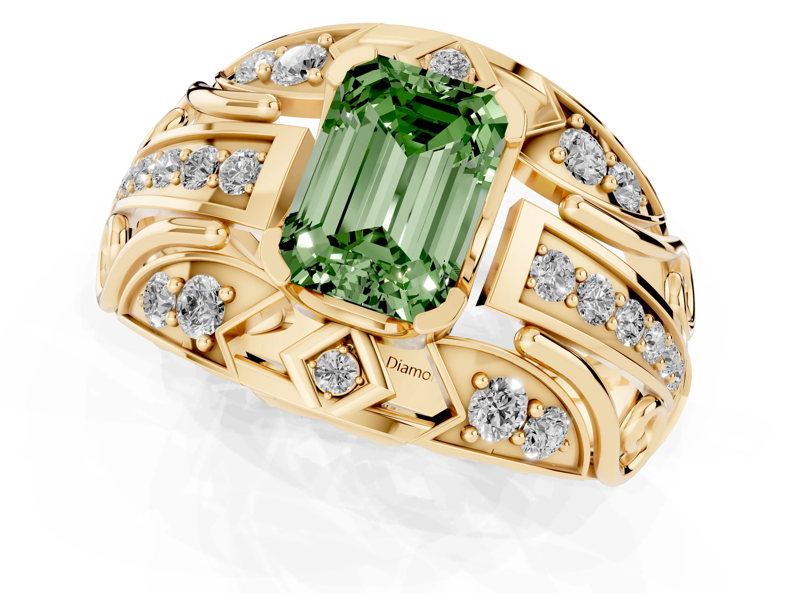 Fancy Green Emerald Cut Diamond Art Deco Ring Set in Yellow gold with Pavé Split Shank