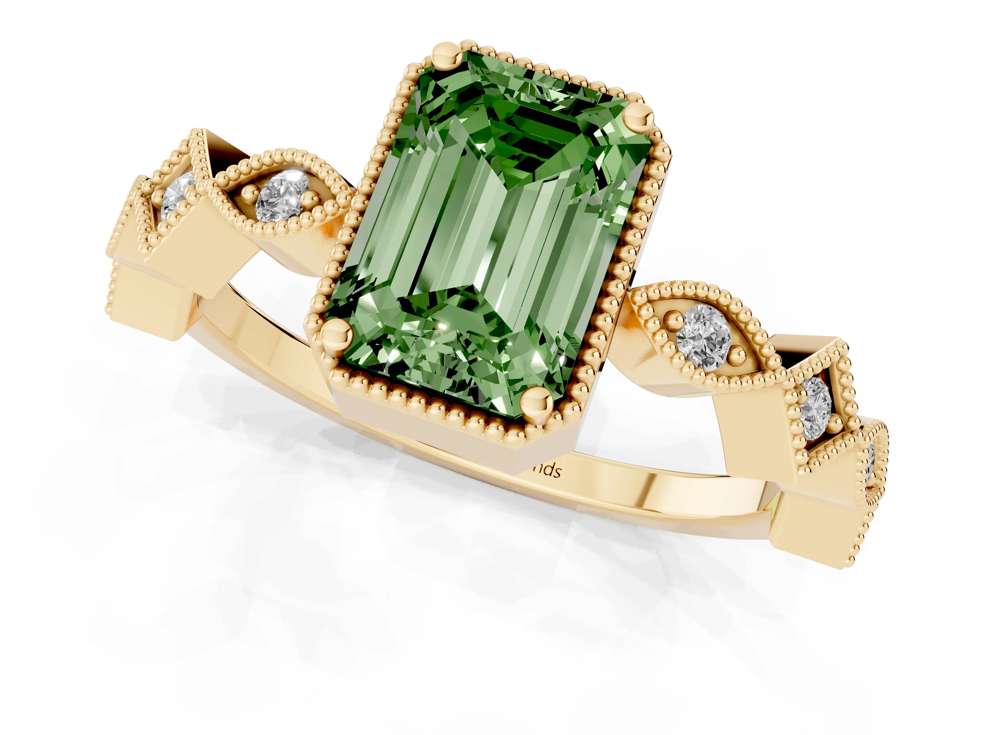 Fancy Green Emerald Cut Diamond Milgrain Marquise Twist Band Ring Set in Yellow gold with Prong Setting