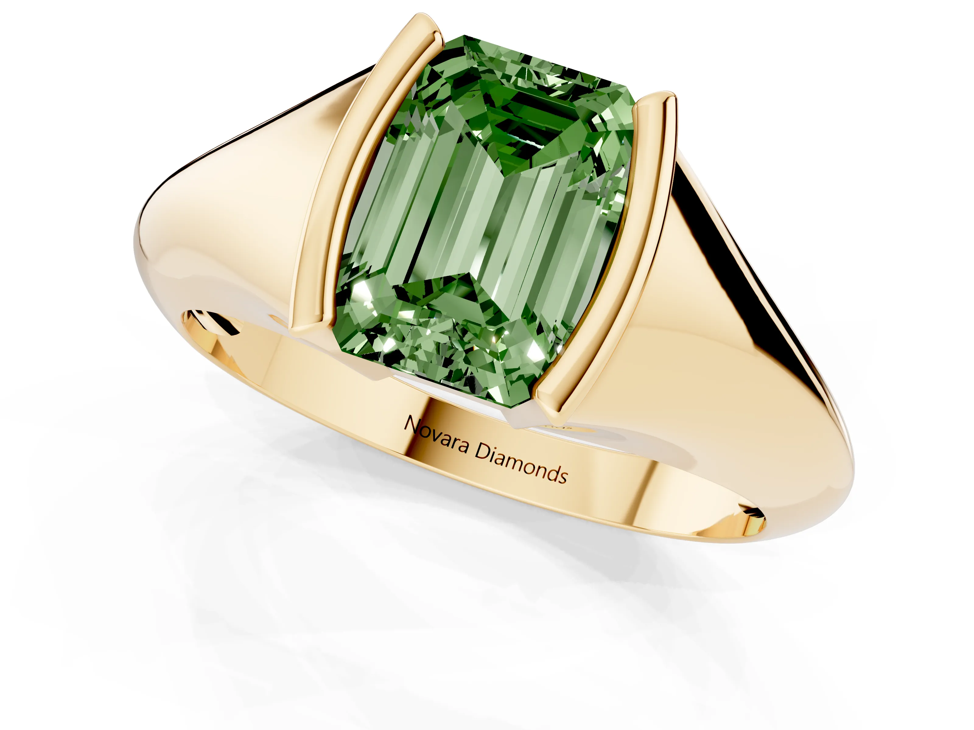 Fancy Green Emerald Cut Diamond Solitaire Tension Set Ring Set in Yellow gold