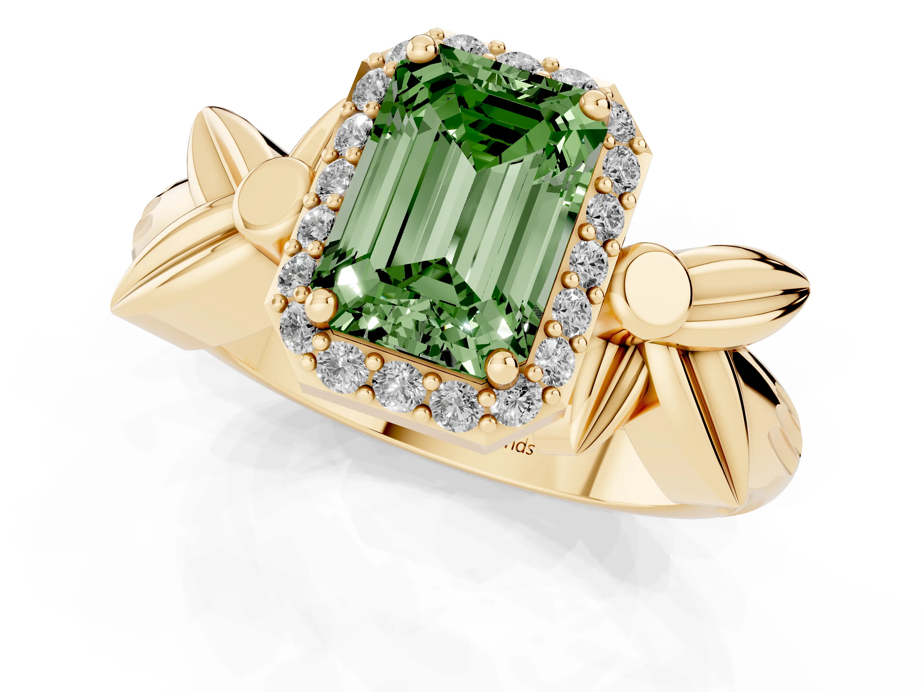 Fancy Green Emerald Cut Diamond Halo Floral Band Ring Set in Yellow gold with Prong Setting