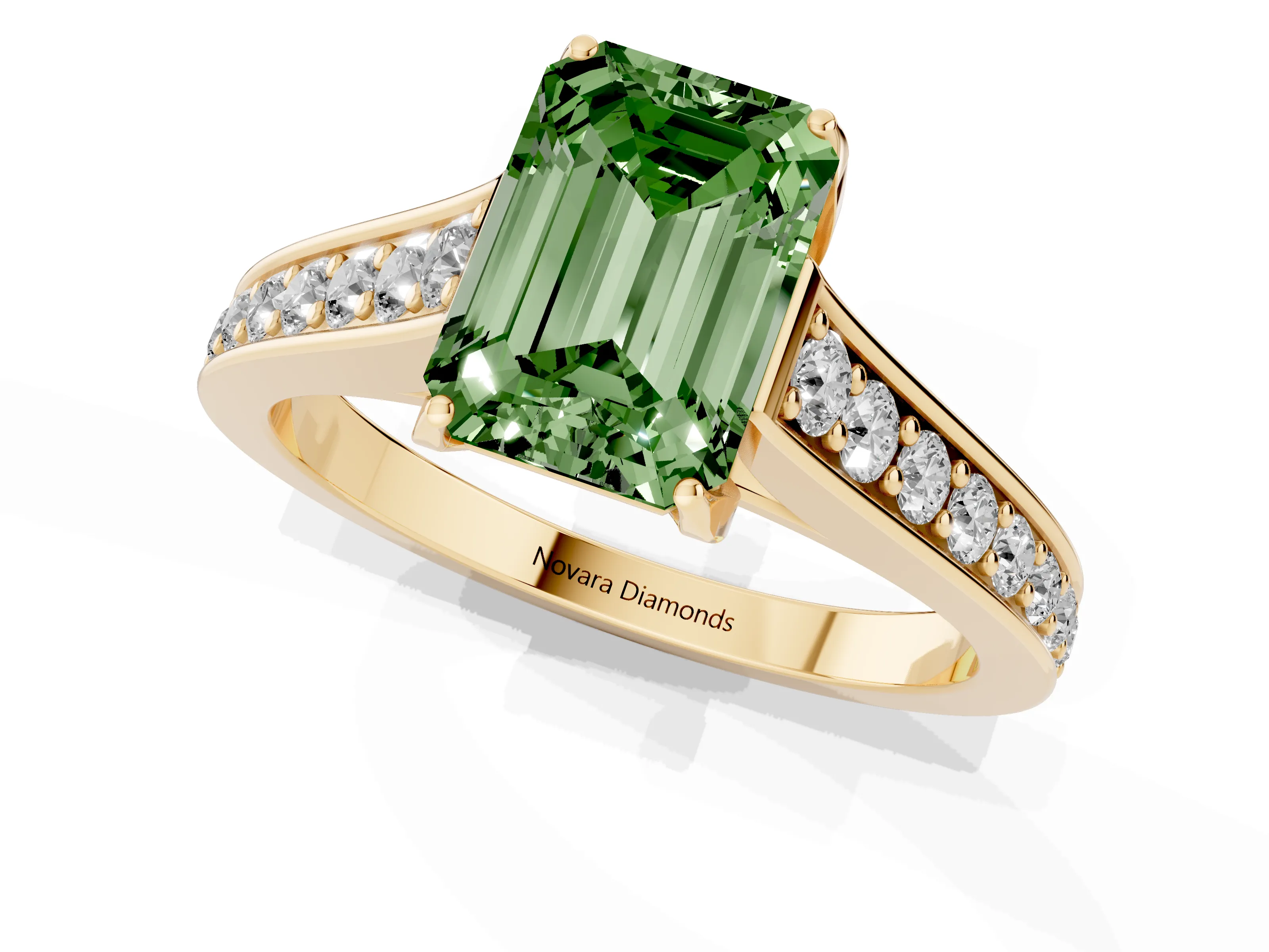 Fancy Green Emerald Cut Diamond Solitaire Pavé Engagement Ring Set in Yellow gold with Prong Setting