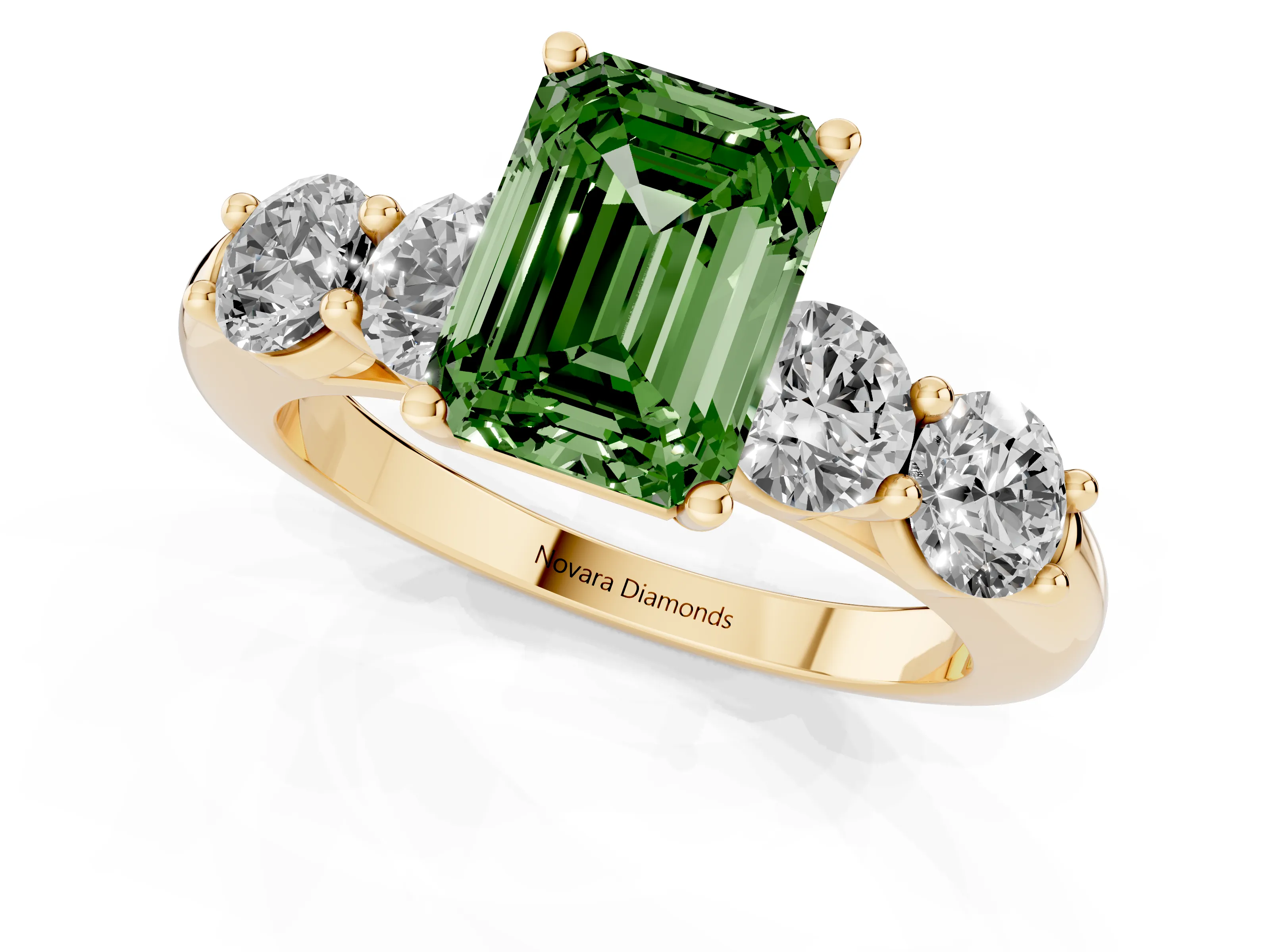 Fancy Green Emerald Cut Diamond Five-Stone Prong Set Ring Set in Yellow gold with Classic Band