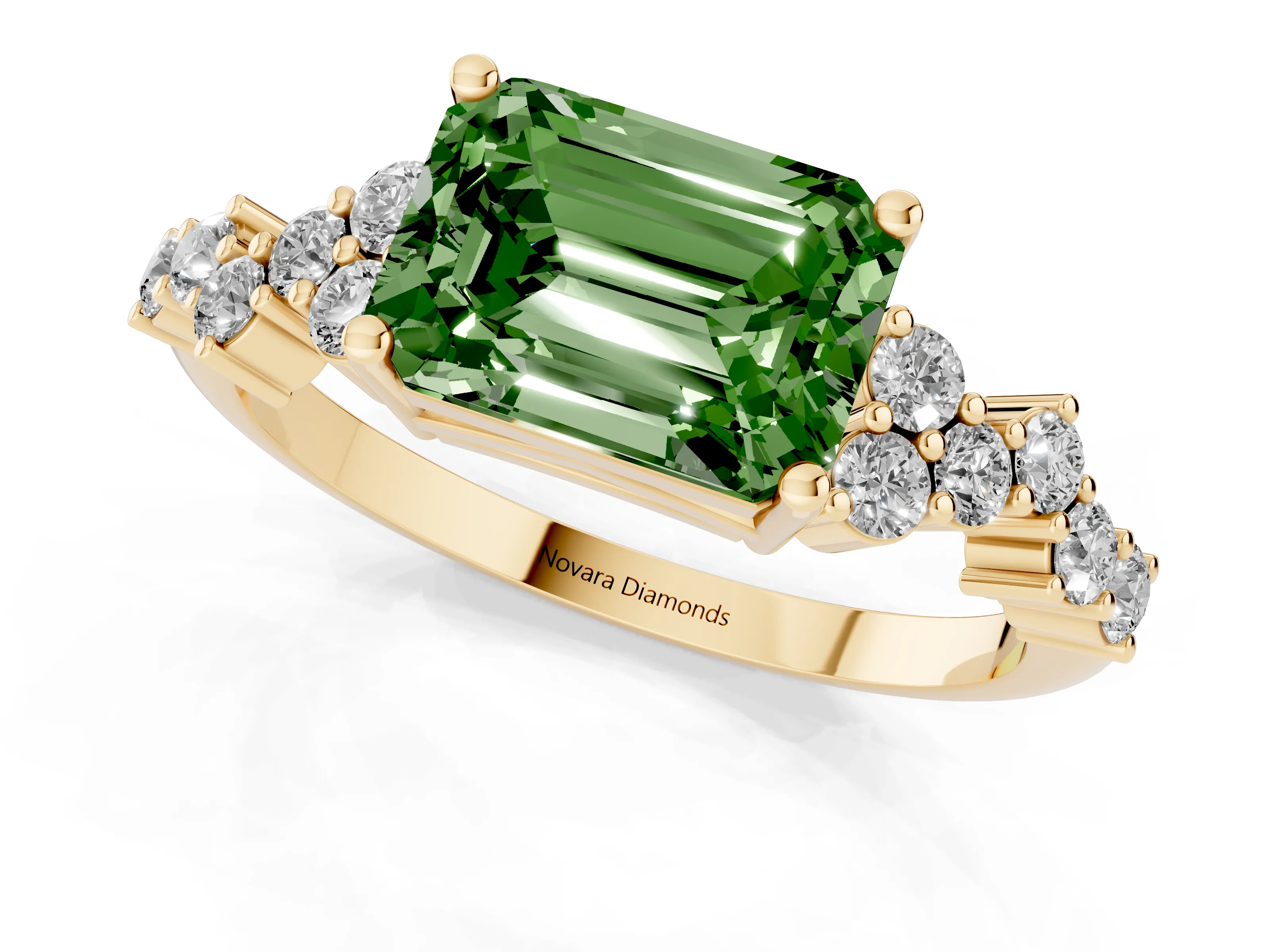 Fancy Green Emerald Cut Diamond Ring Set in Yellow gold with Scattered Round Accents