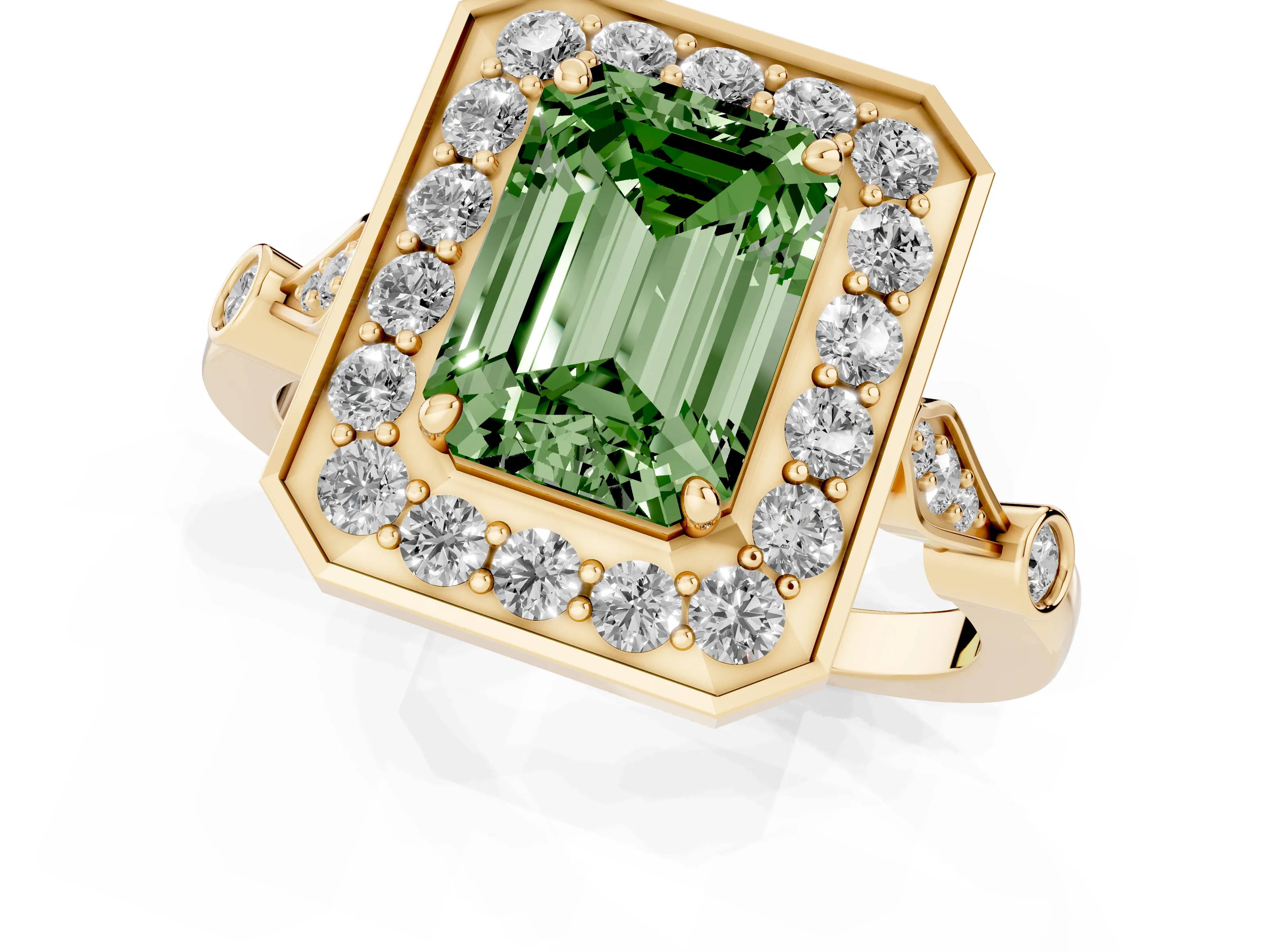Fancy Green Emerald Cut Diamond Halo Engagement Ring Set in Yellow gold with Twisted Band and Prong Setting