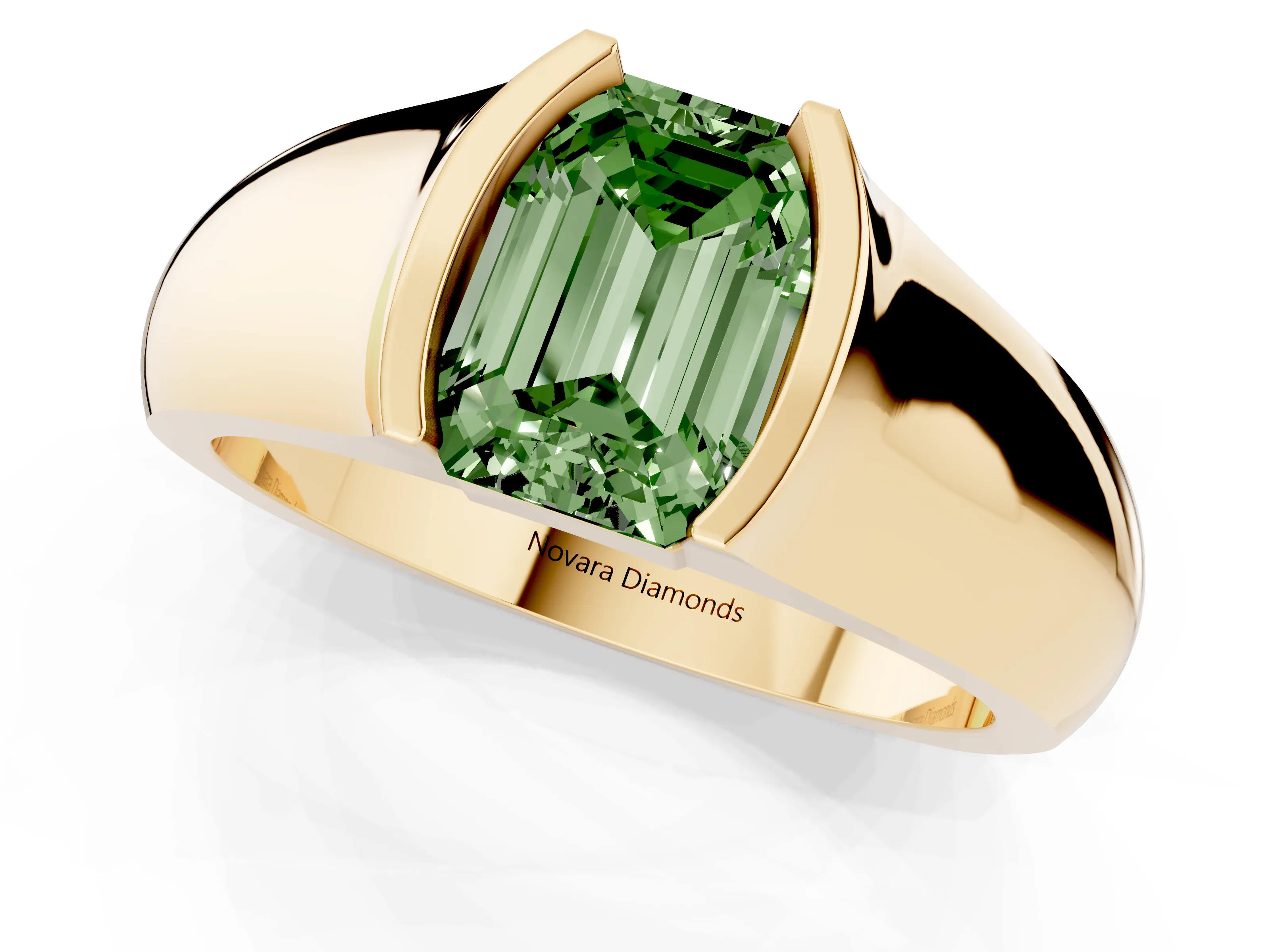 Fancy Green Emerald Cut Diamond Bezel Solitaire Ring Set in Yellow gold with Wide Band