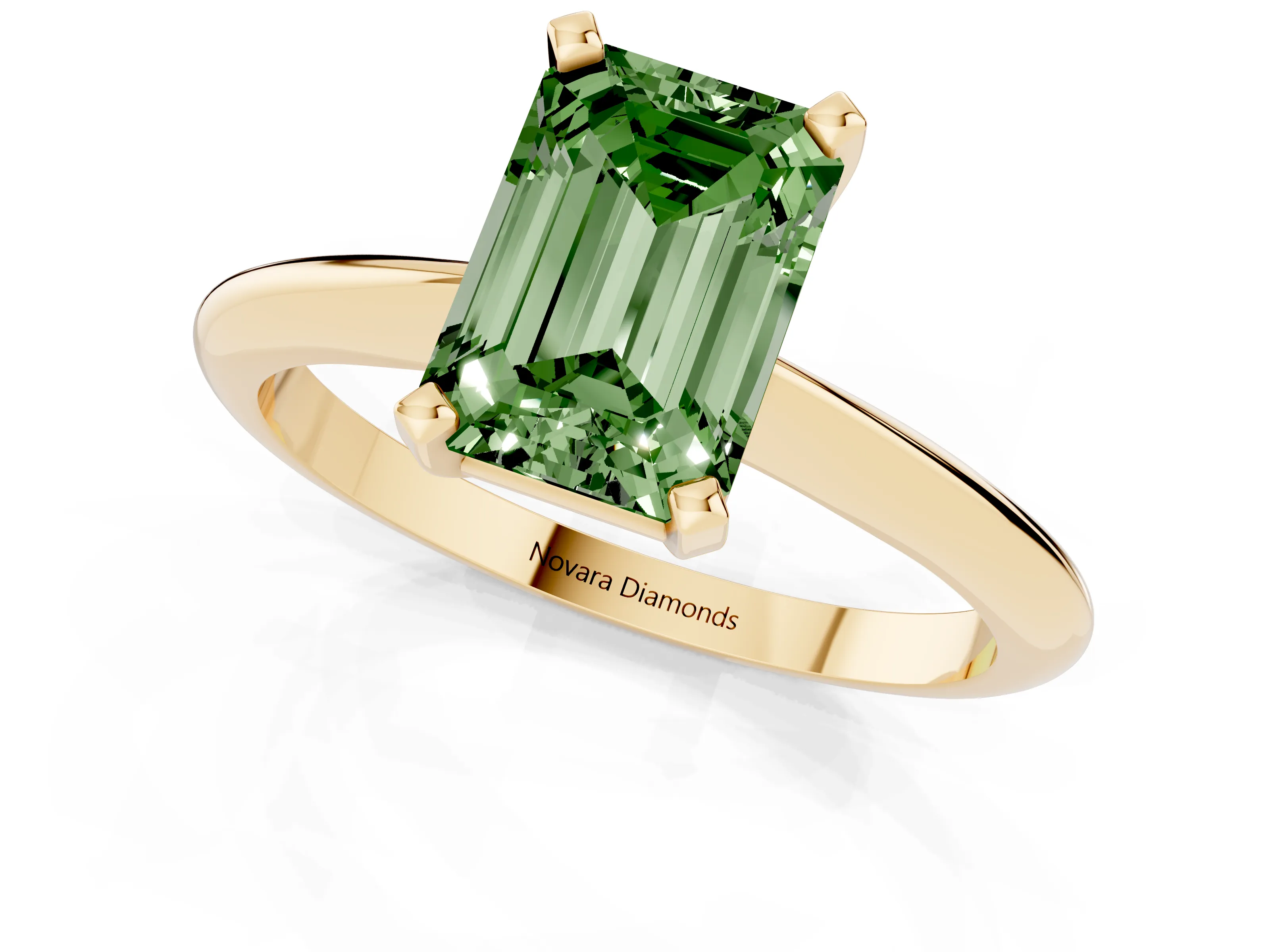Fancy Green Emerald Cut Diamond Solitaire Ring Set in Yellow gold with Prong Setting on a Plain Round Band