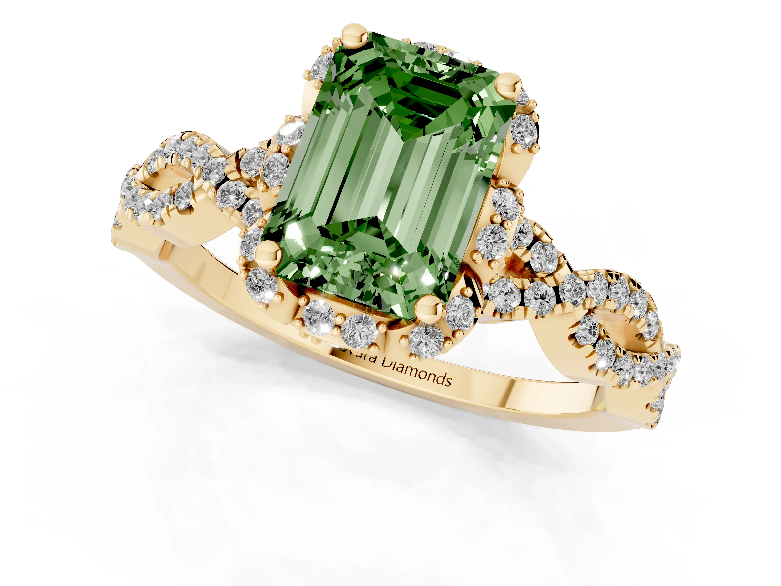 Fancy Green Emerald Cut Diamond Halo Twist Band Solitaire Ring Set in Yellow gold with Prong-Set Center Stone