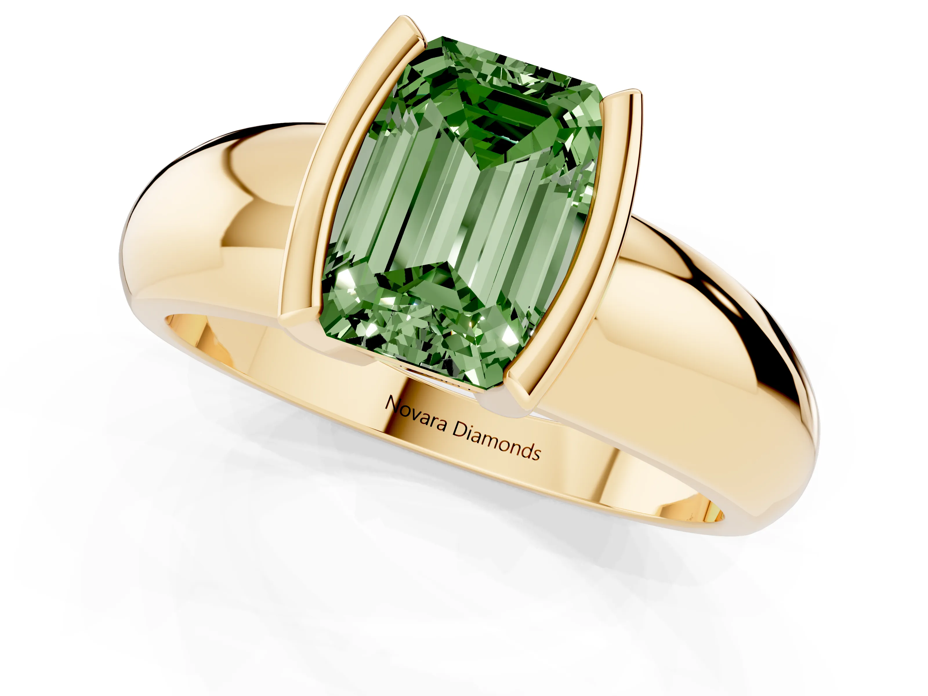 Fancy Green Emerald Cut Diamond Solitaire Tension Set Ring Set in Yellow gold with Wide Band