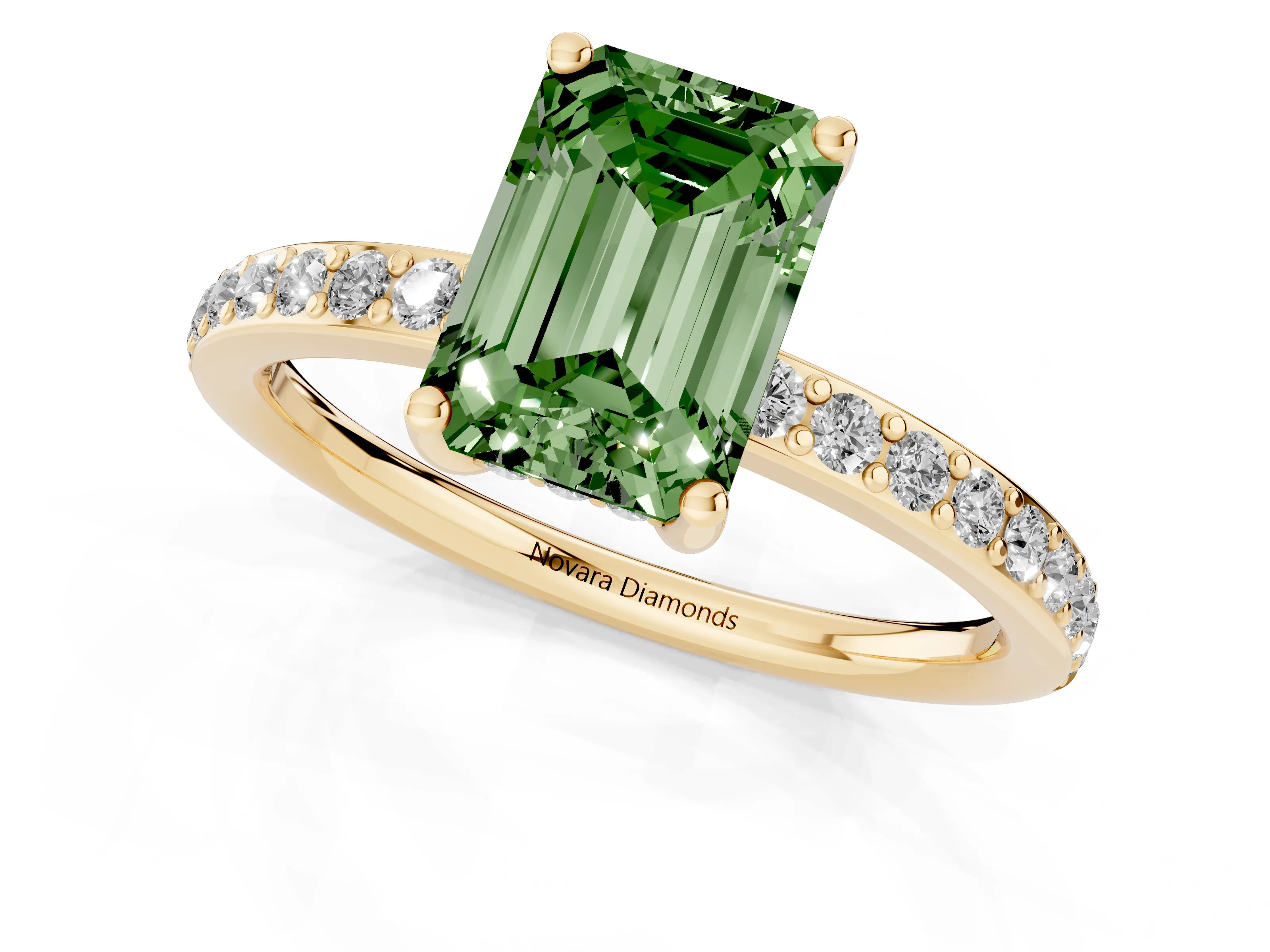 Fancy Green Emerald Cut Diamond Pavé Band Ring Set in Yellow gold with Prong-Set Center Stone