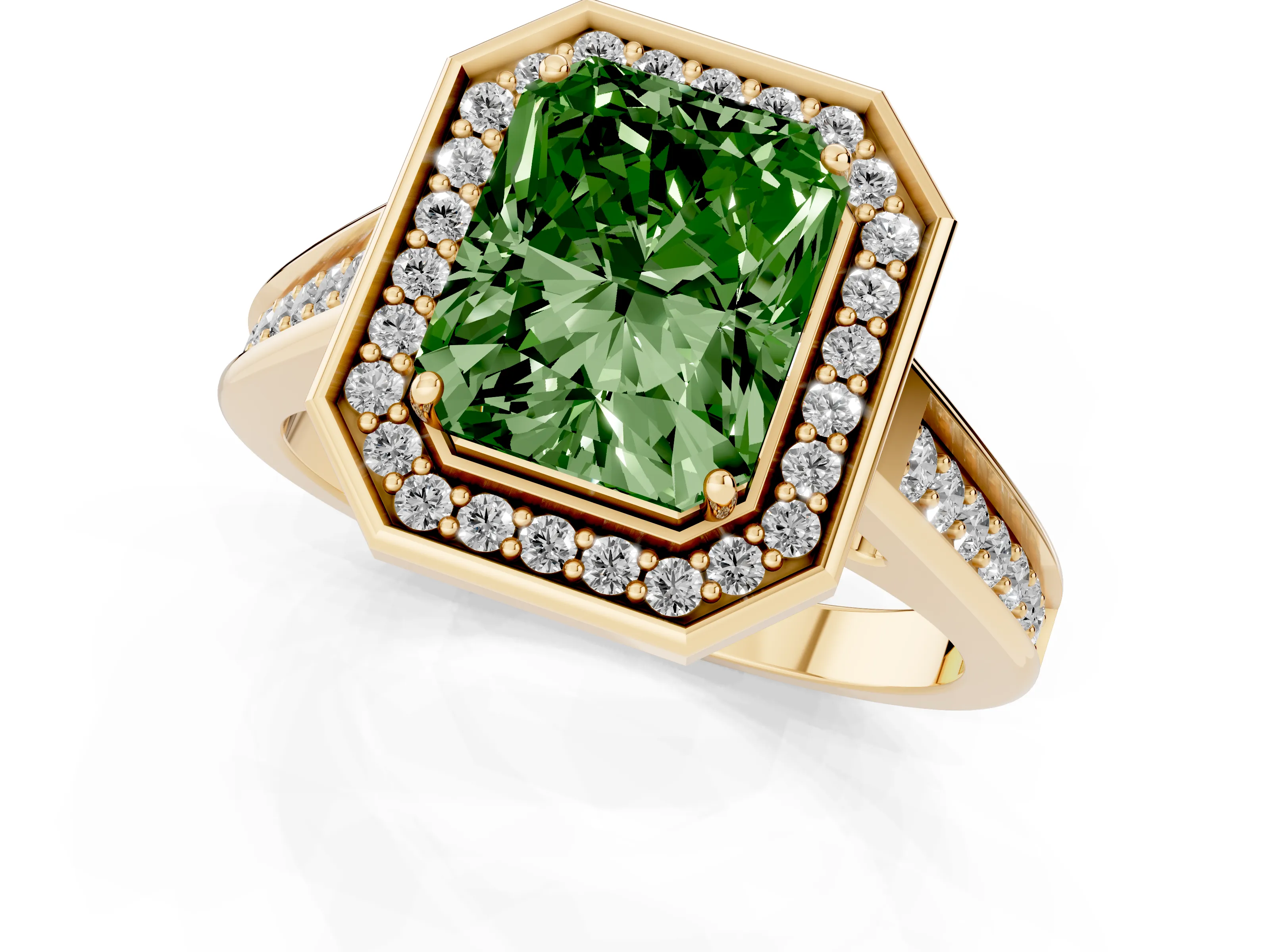 Fancy Green Emerald Cut Diamond Halo Solitaire Ring Set in Yellow gold with Pavé Band and Bezel Setting