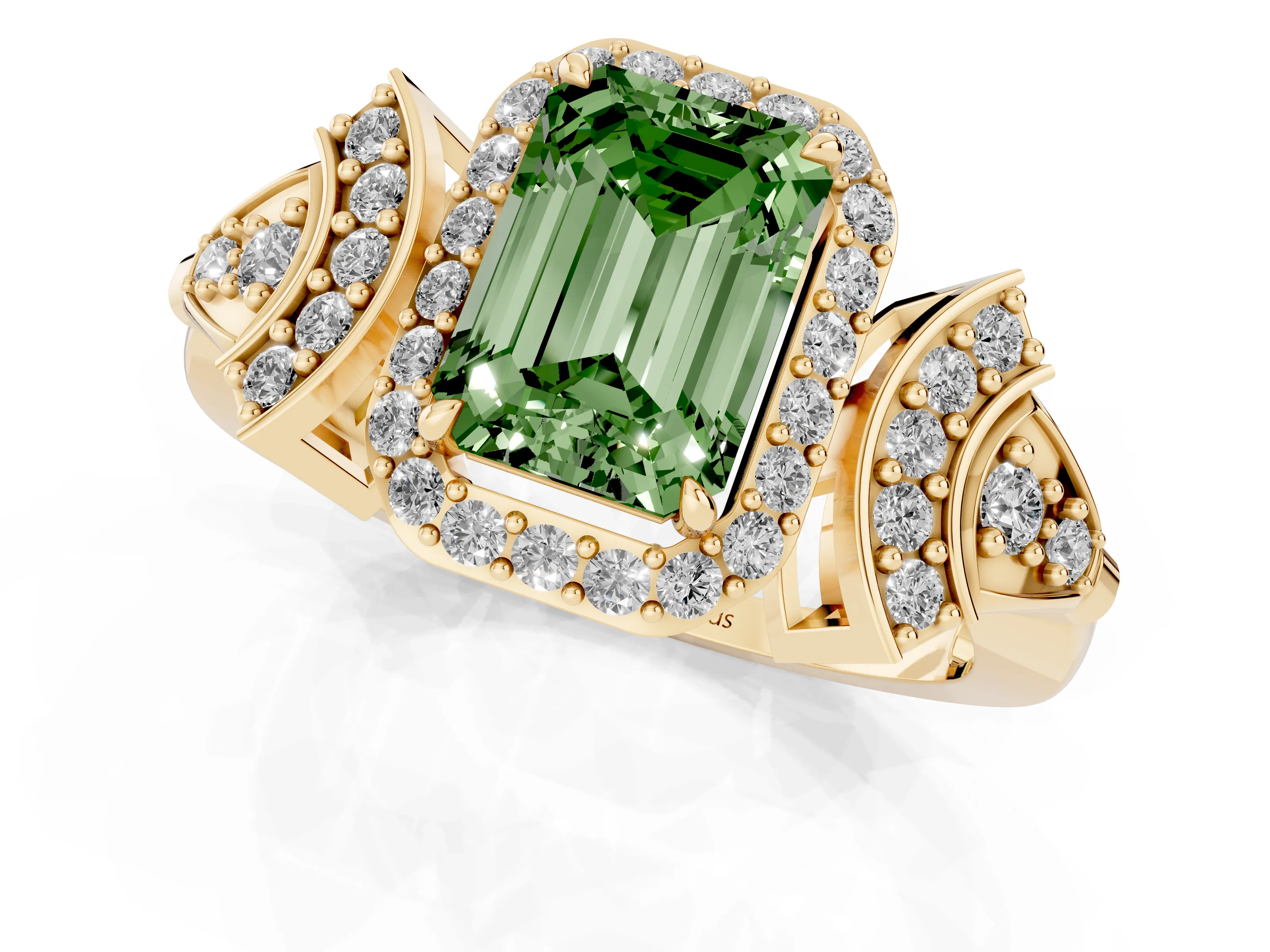 Fancy Green Emerald Cut Diamond Halo Engagement Ring Set in Yellow gold with Accent Stone Split Shank