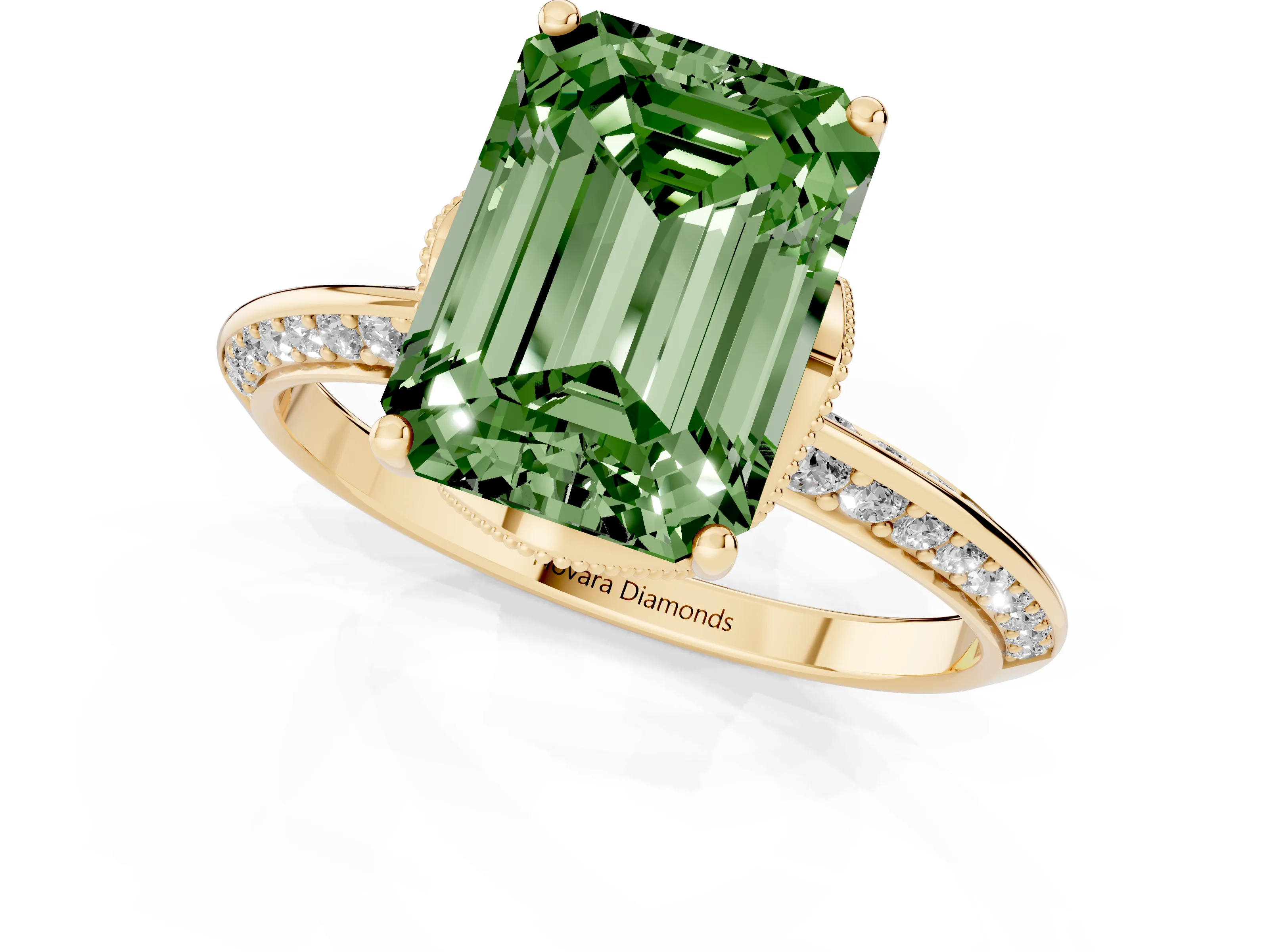 Fancy Green Emerald Cut Diamond Solitaire Engagement Ring Set in Yellow gold with Pavé Split Shank and Prong Setting