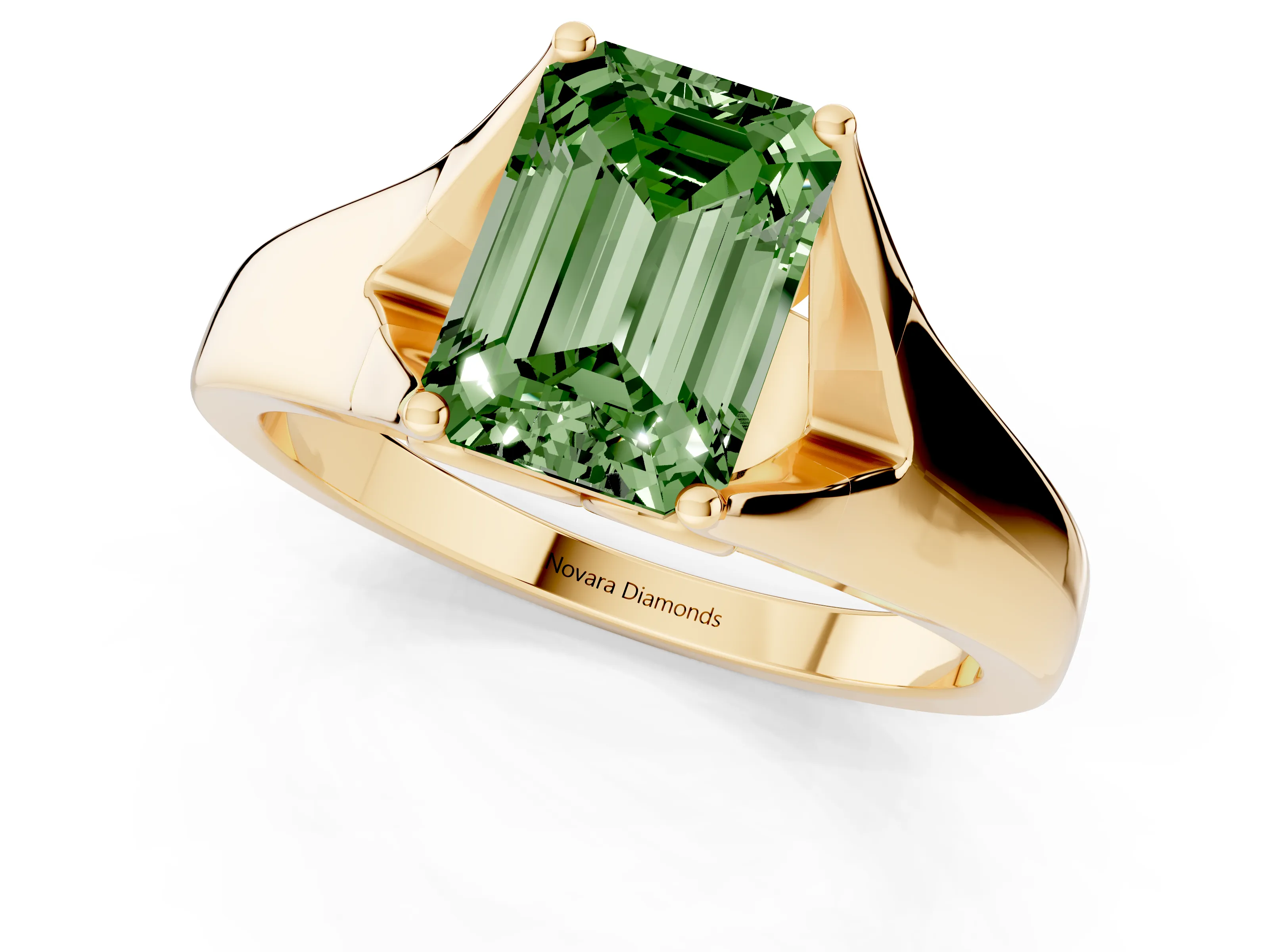 Fancy Green Emerald Cut Diamond Solitaire Ring Set in Yellow gold with Arched Cathedral Band and Prong Setting