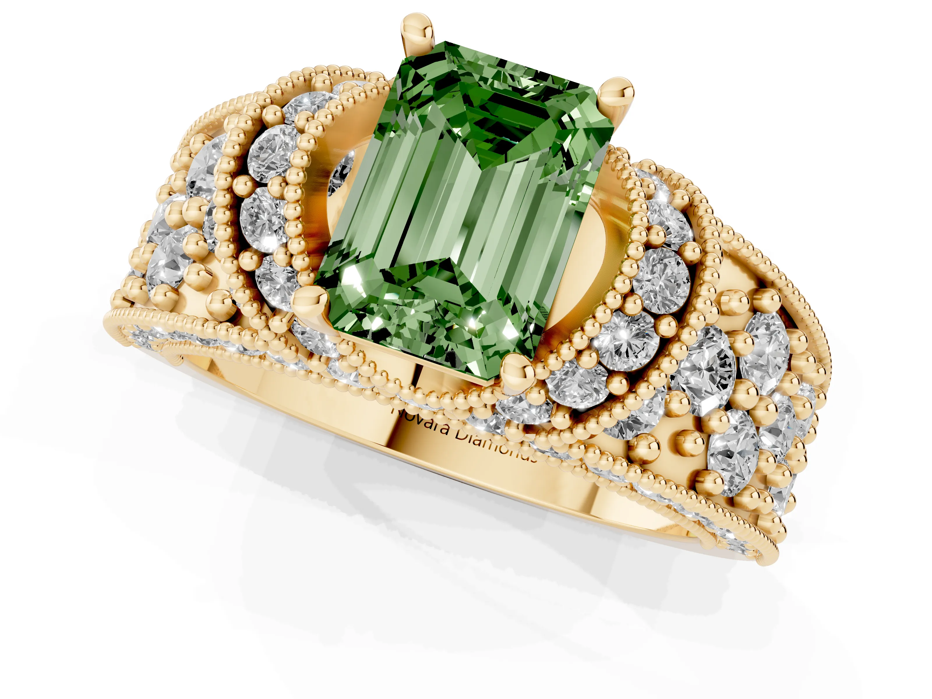 Fancy Green Emerald Cut Diamond Milgrain Halo Pavé Engagement Ring Set in Yellow gold with Prong Setting