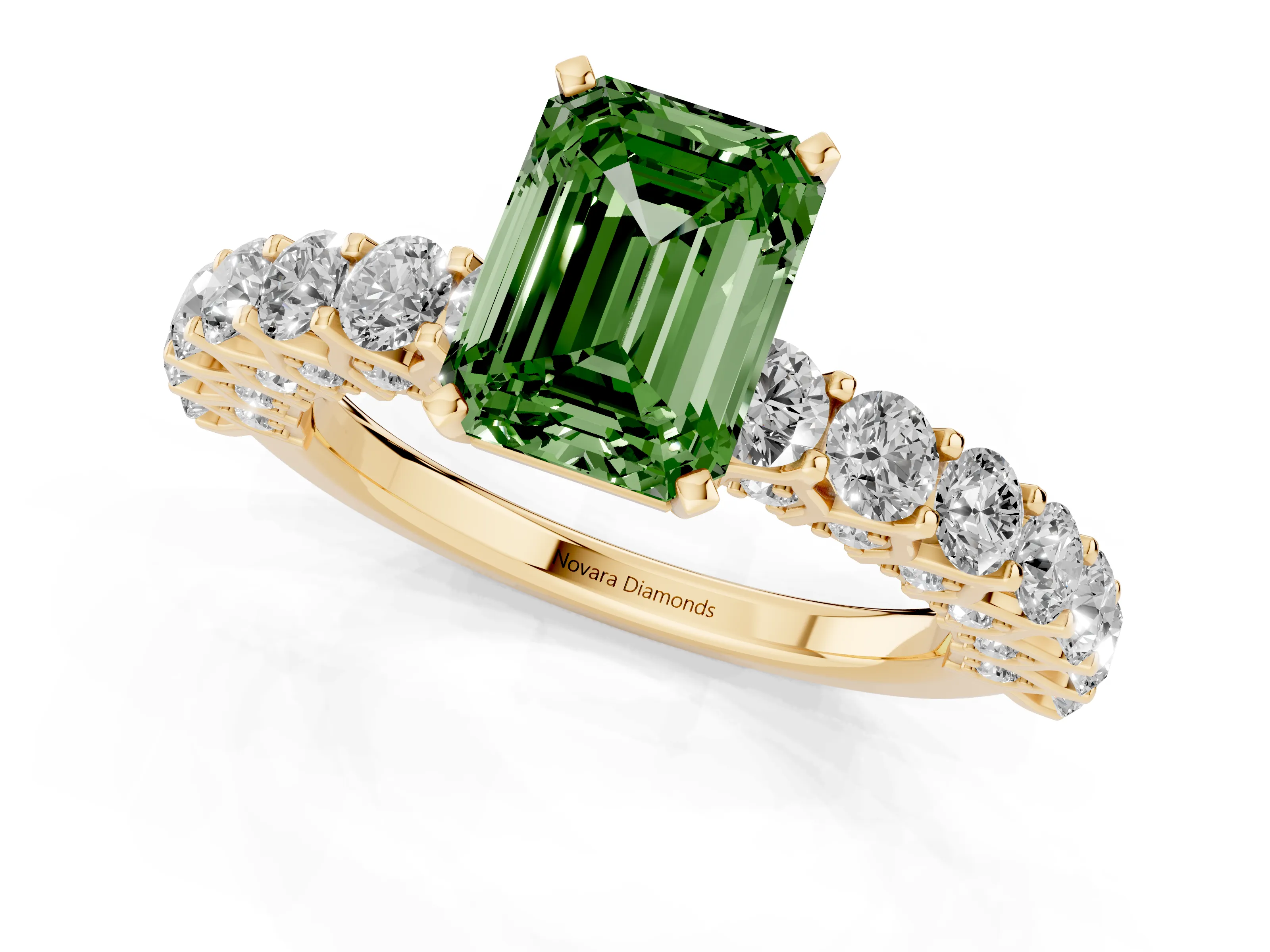 Fancy Green Emerald Cut Diamond Solitaire Ring Set in Yellow gold with Shared Prong Pavé Band