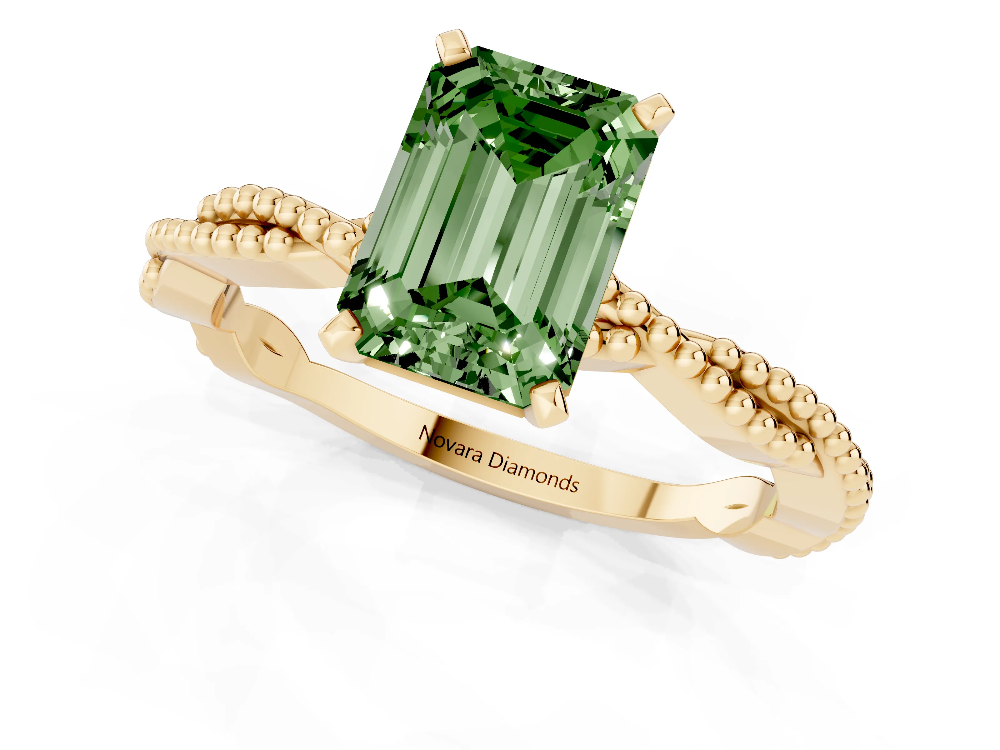 Fancy Green Emerald Cut Diamond Solitaire Ring Set in Yellow gold with Twisted Band and Bead Prong Setting